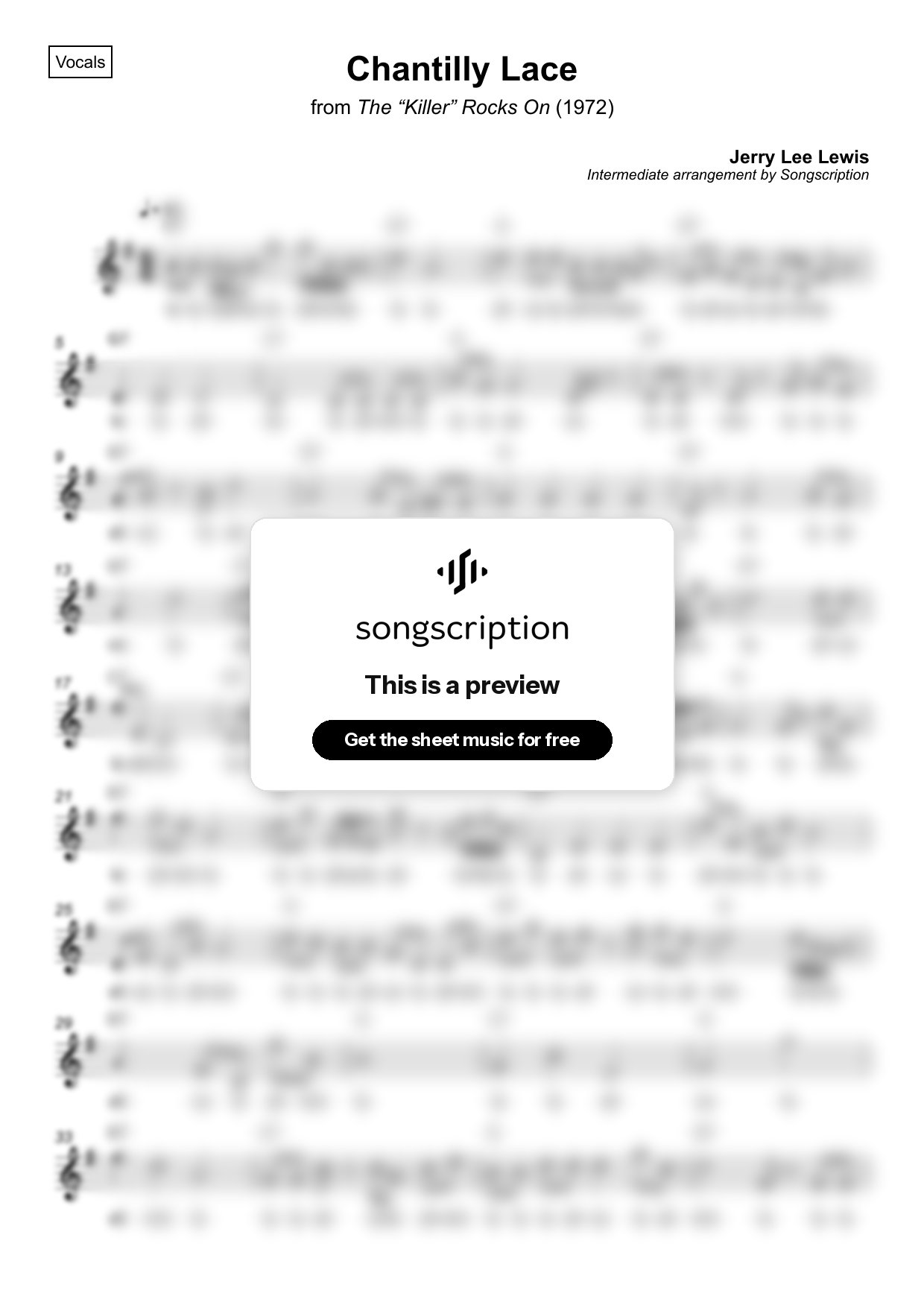 Intermediate Vocals Sheet Music for "Chantilly Lace" by Jerry Lee Lewis