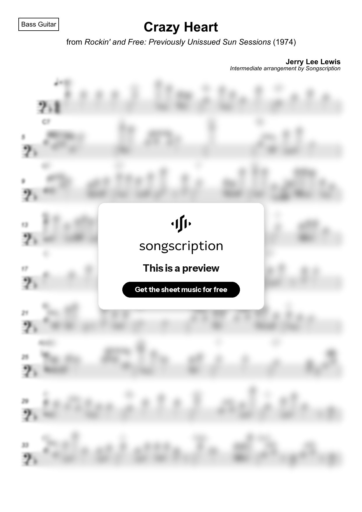 Intermediate Bass Guitar Sheet Music for "Crazy Heart" by Jerry Lee Lewis