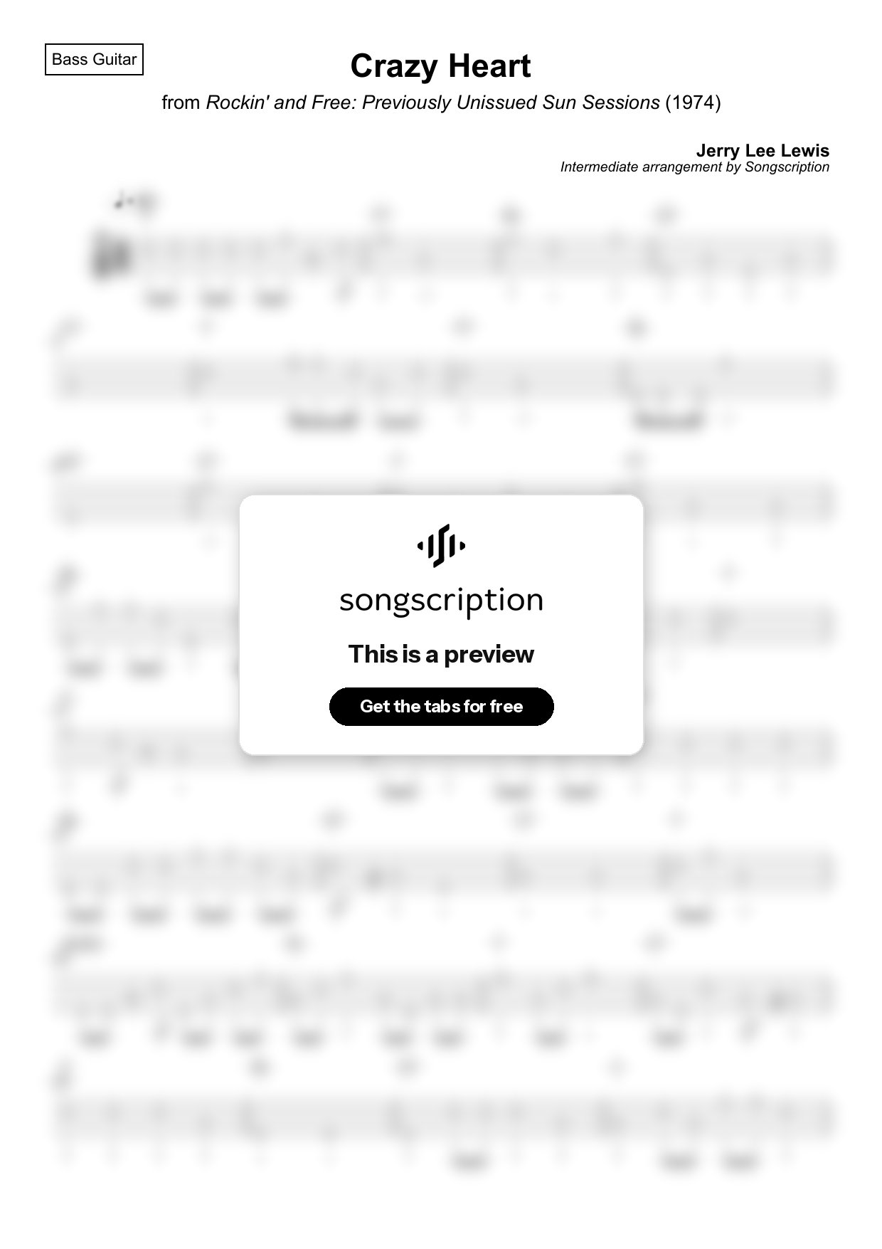 Intermediate Bass Guitar Tabs for "Crazy Heart" by Jerry Lee Lewis