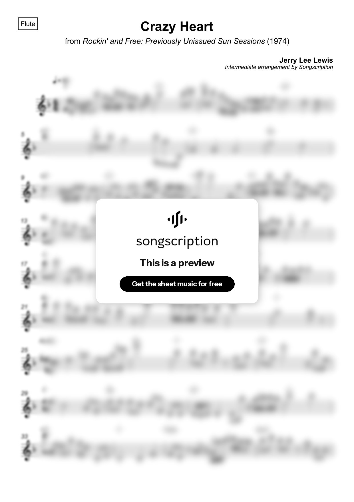 Intermediate Flute Sheet Music for "Crazy Heart" by Jerry Lee Lewis