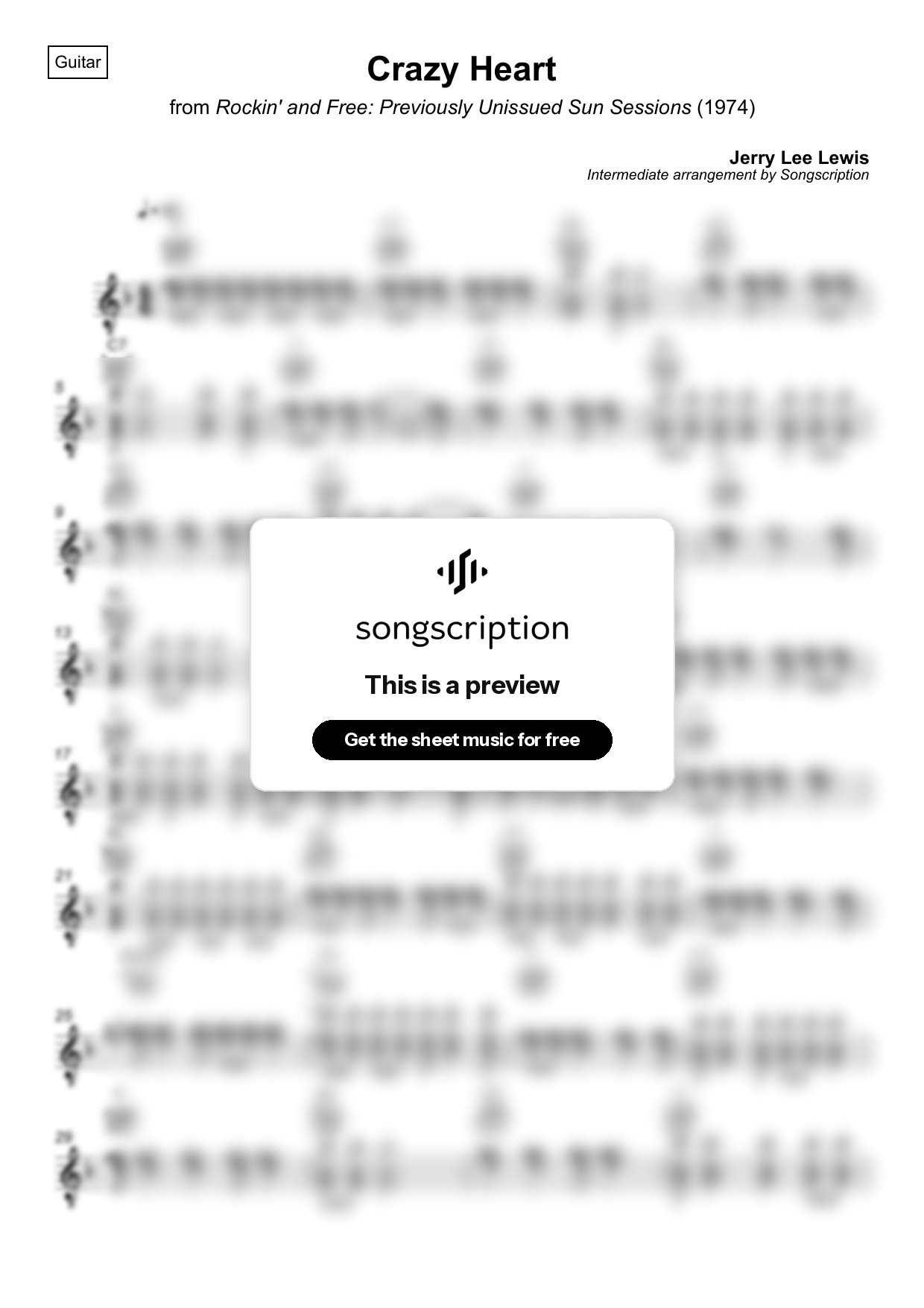 Intermediate Acoustic Guitar Sheet Music for "Crazy Heart" by Jerry Lee Lewis