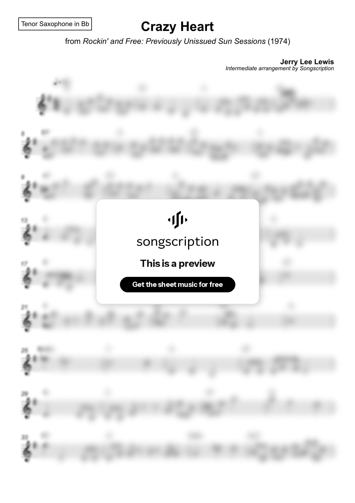 Intermediate Tenor Sax Sheet Music for "Crazy Heart" by Jerry Lee Lewis