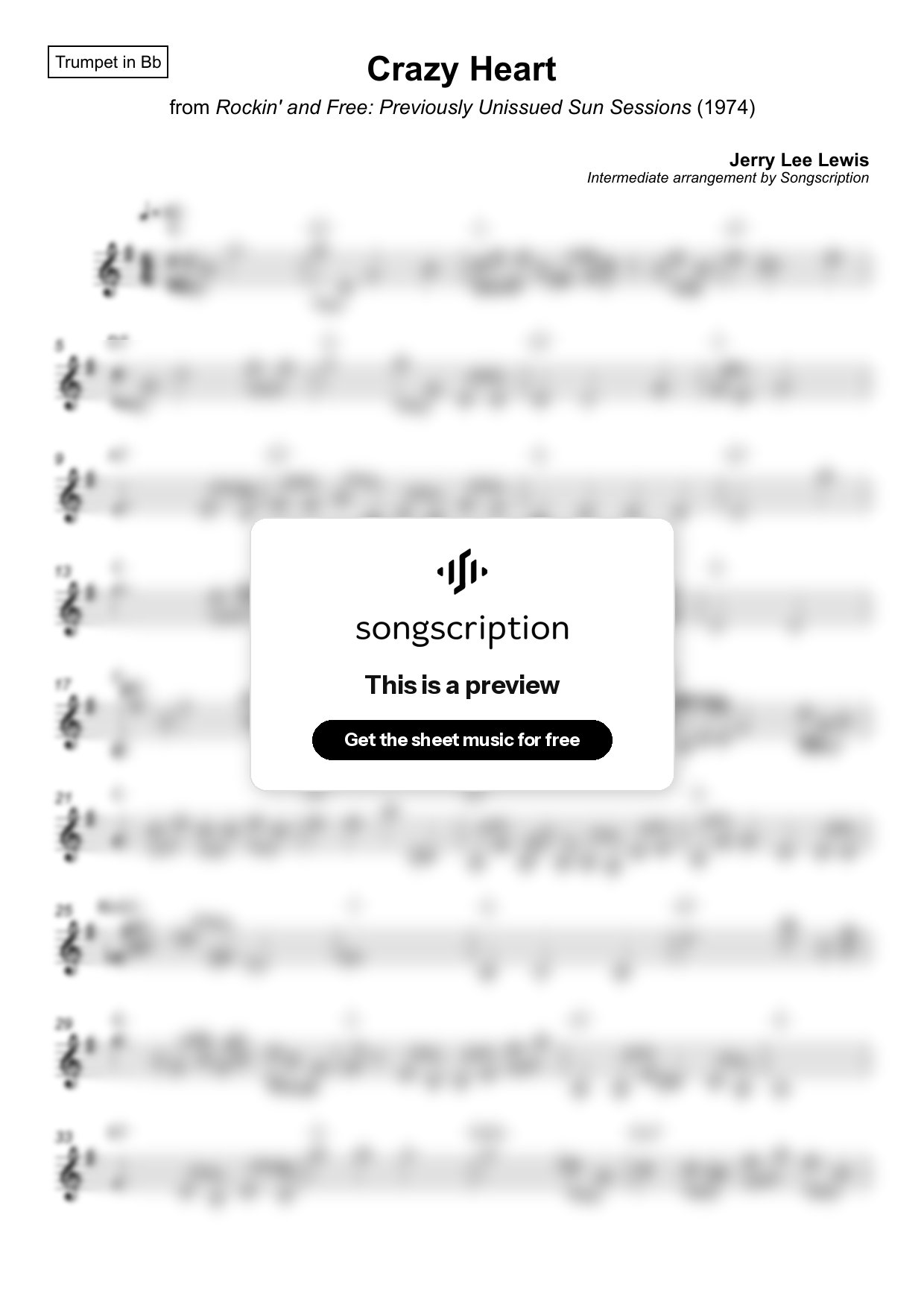 Intermediate Trumpet Sheet Music for "Crazy Heart" by Jerry Lee Lewis