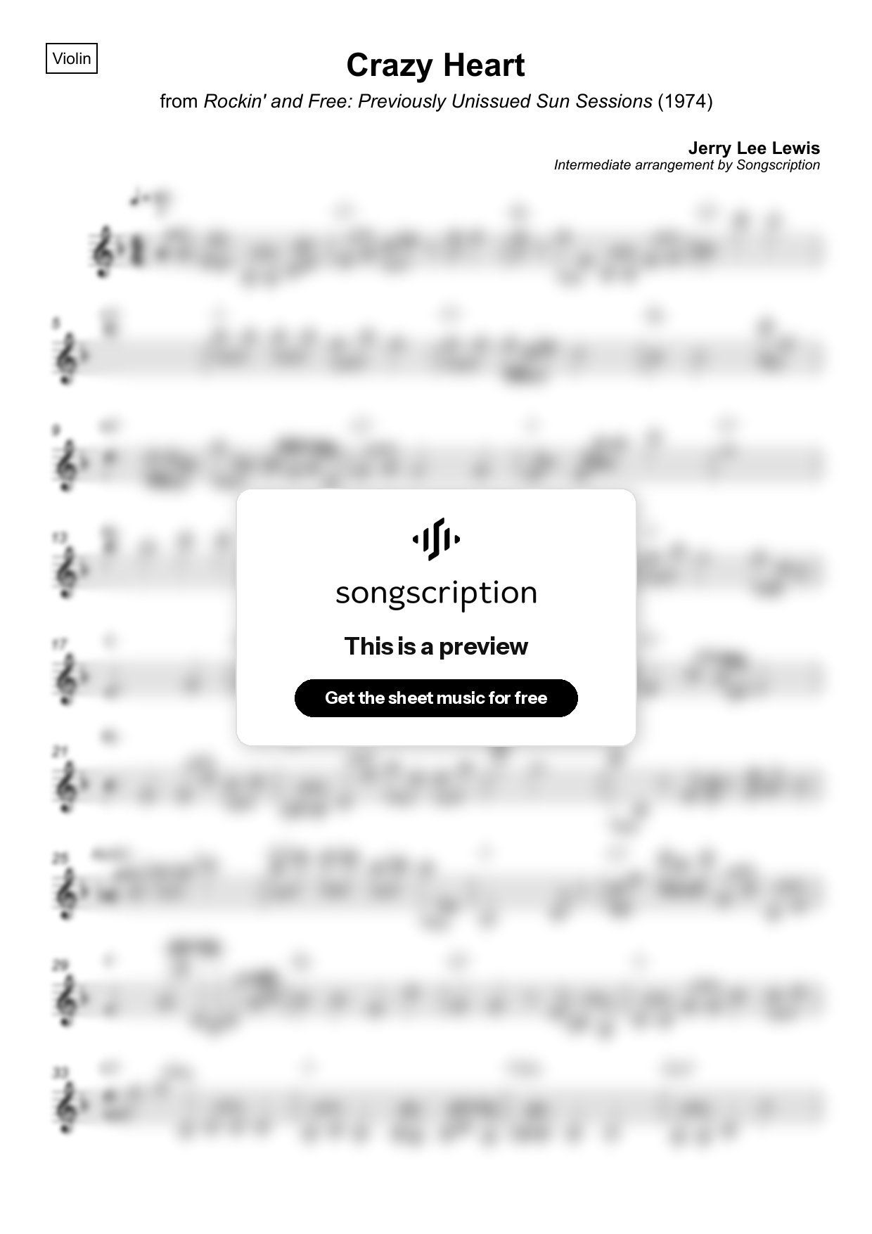 Intermediate Violin Sheet Music for "Crazy Heart" by Jerry Lee Lewis