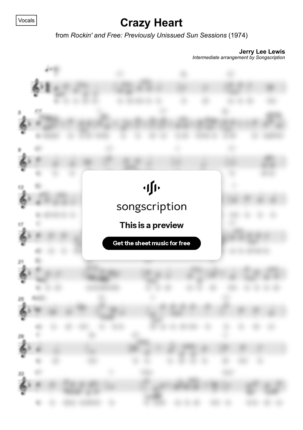 Intermediate Vocals Sheet Music for "Crazy Heart" by Jerry Lee Lewis