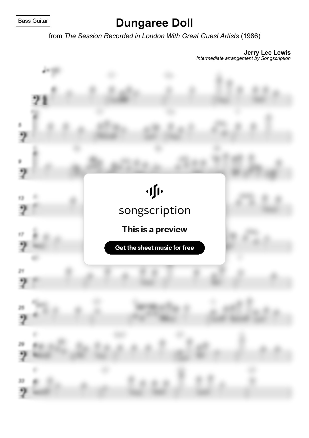 Intermediate Bass Guitar Sheet Music for "Dungaree Doll" by Jerry Lee Lewis