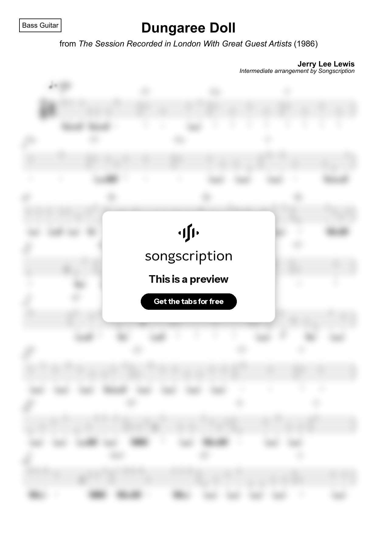 Intermediate Bass Guitar Tabs for "Dungaree Doll" by Jerry Lee Lewis