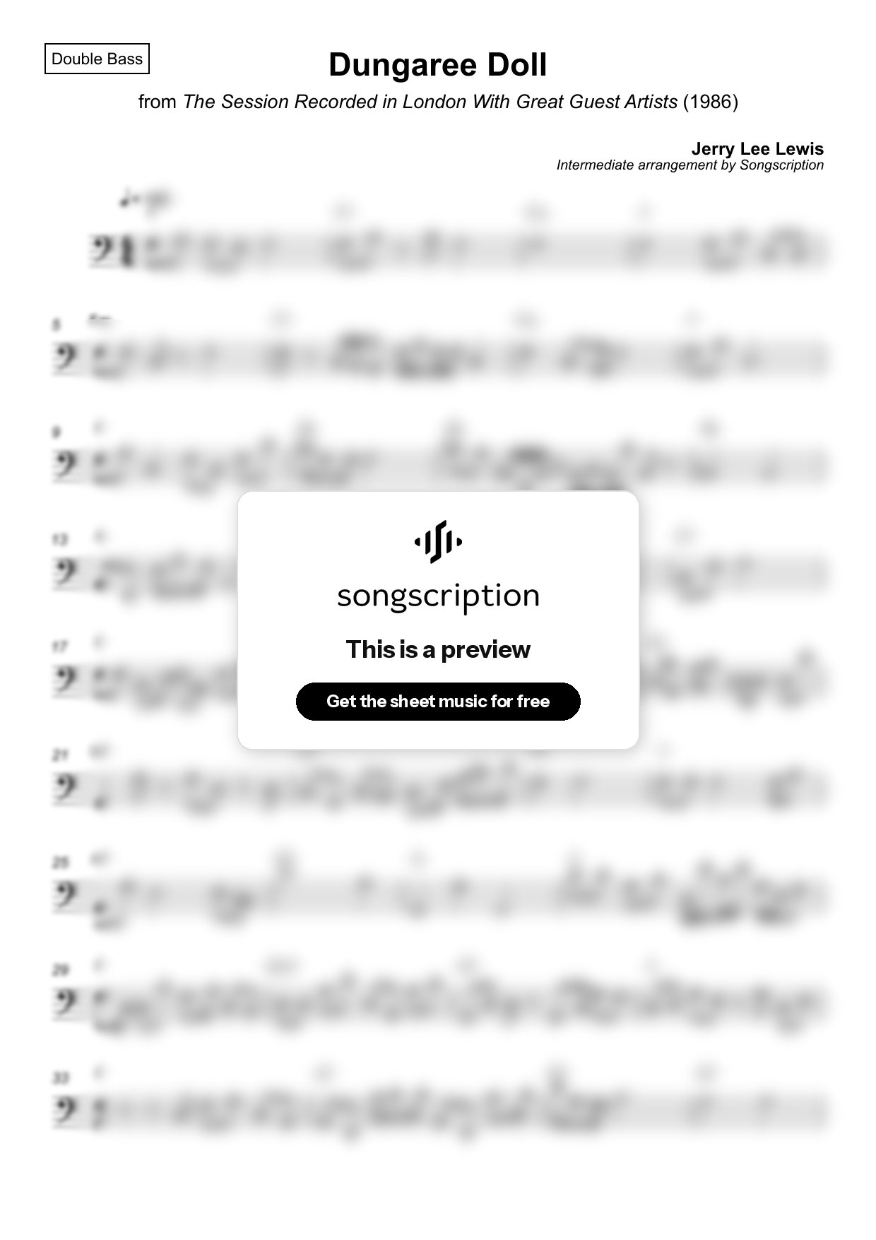 Intermediate Double Bass Sheet Music for "Dungaree Doll" by Jerry Lee Lewis