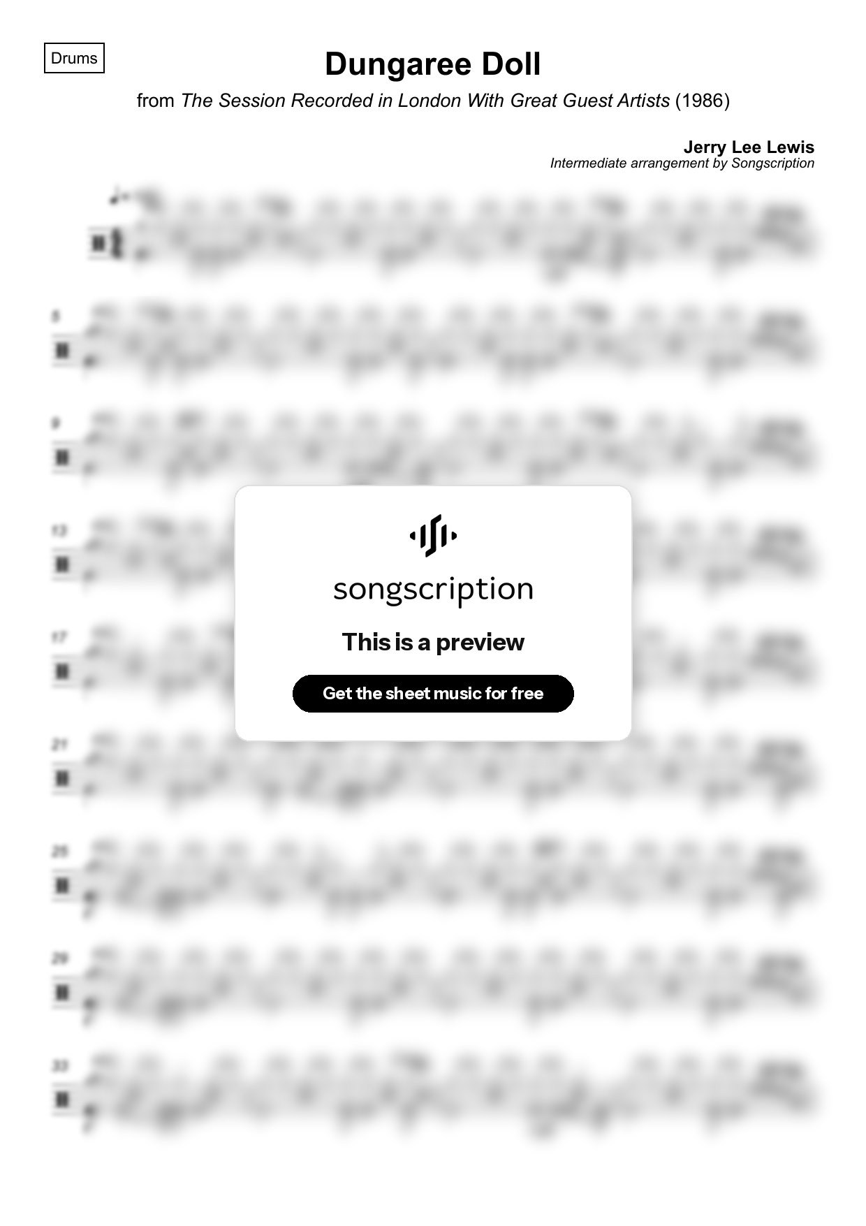 Intermediate Drums Sheet Music for "Dungaree Doll" by Jerry Lee Lewis