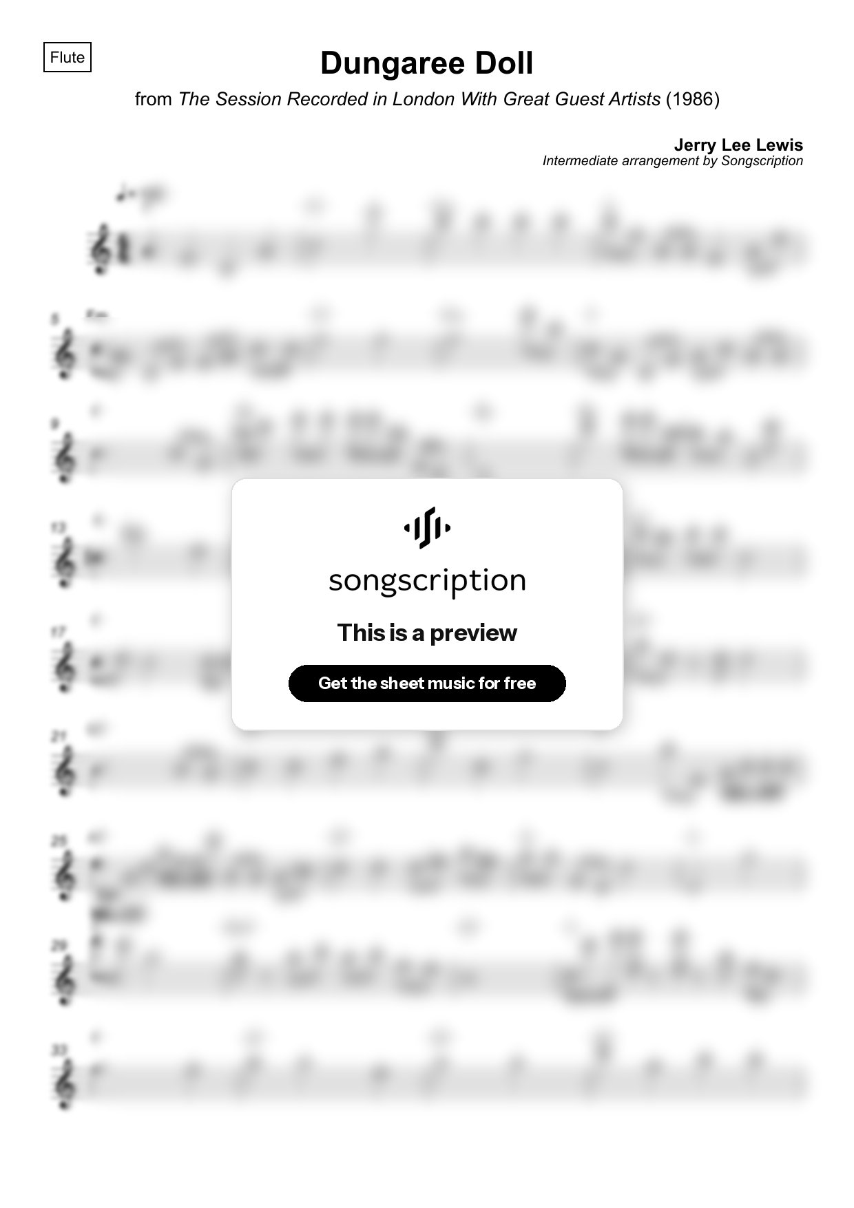 Intermediate Flute Sheet Music for "Dungaree Doll" by Jerry Lee Lewis