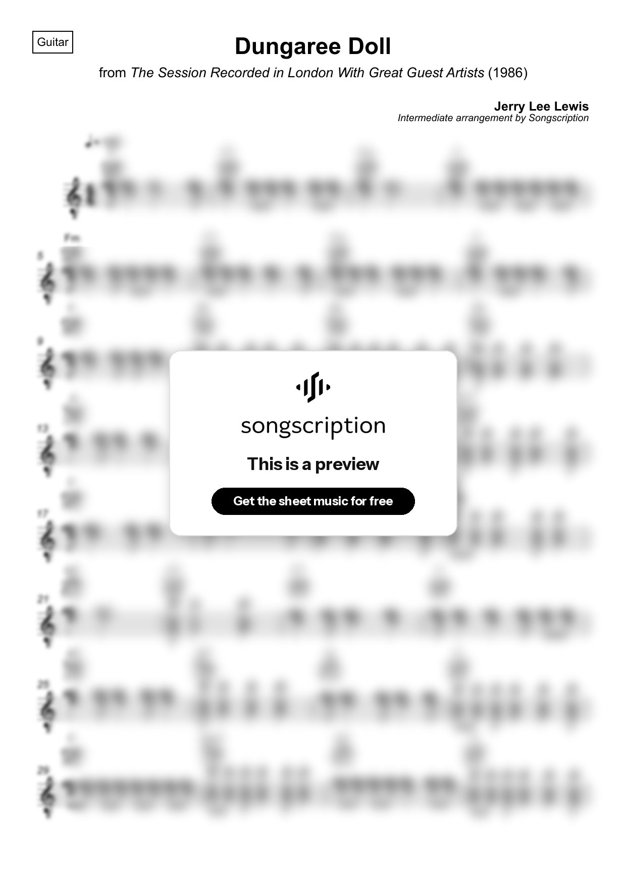 Intermediate Acoustic Guitar Sheet Music for "Dungaree Doll" by Jerry Lee Lewis