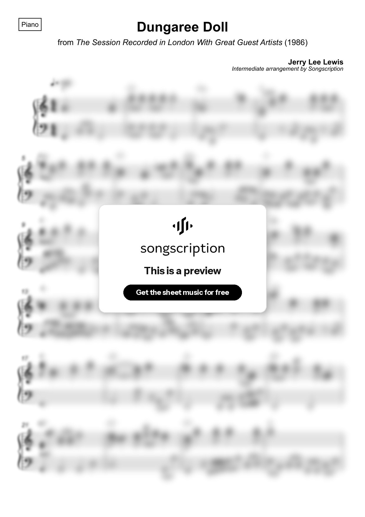 Intermediate Piano Sheet Music for "Dungaree Doll" by Jerry Lee Lewis