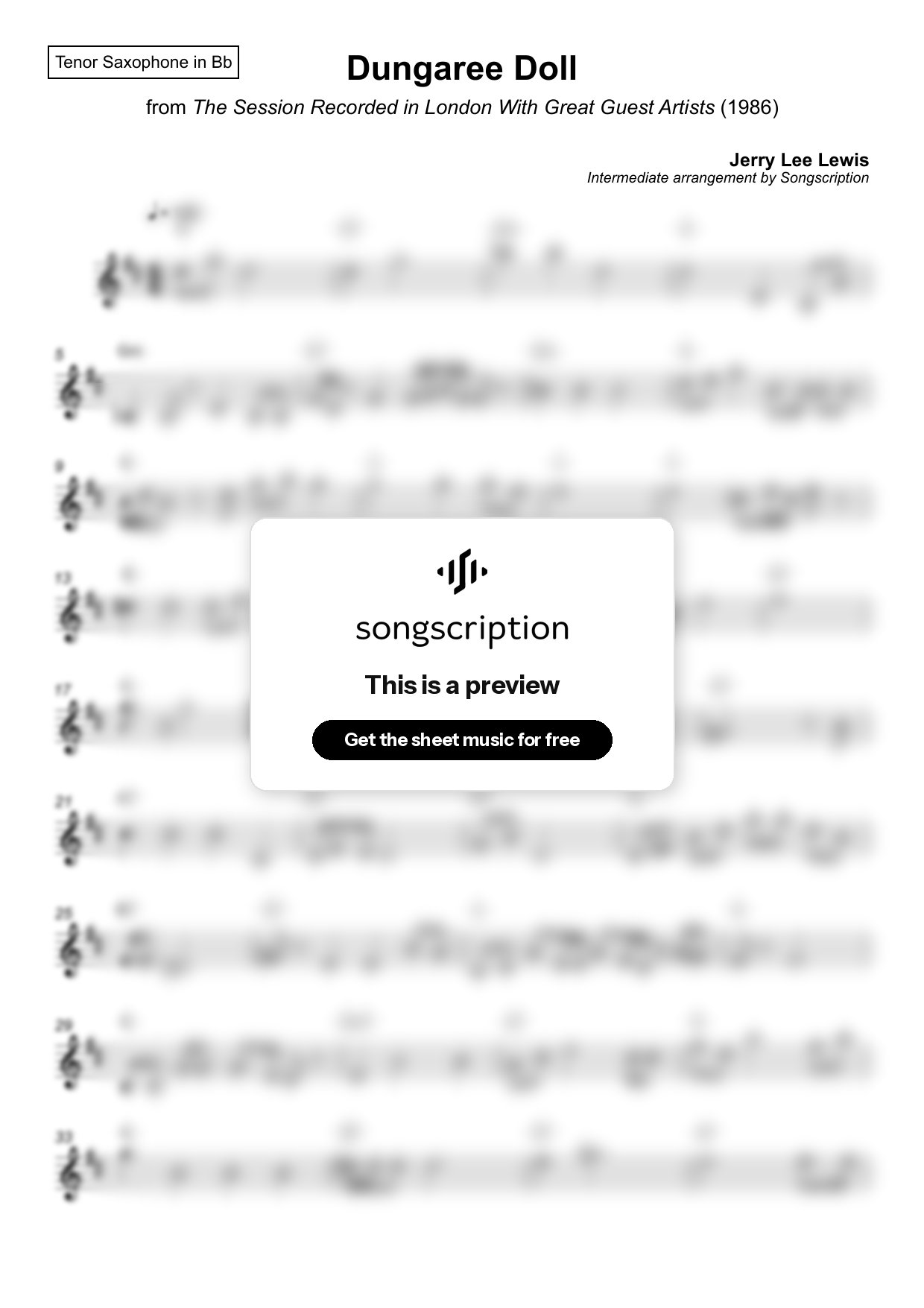 Intermediate Tenor Sax Sheet Music for "Dungaree Doll" by Jerry Lee Lewis