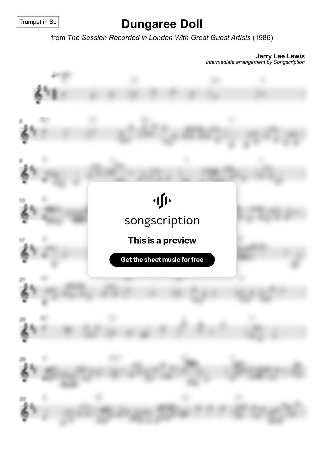 Intermediate Trumpet Sheet Music for "Dungaree Doll" by Jerry Lee Lewis