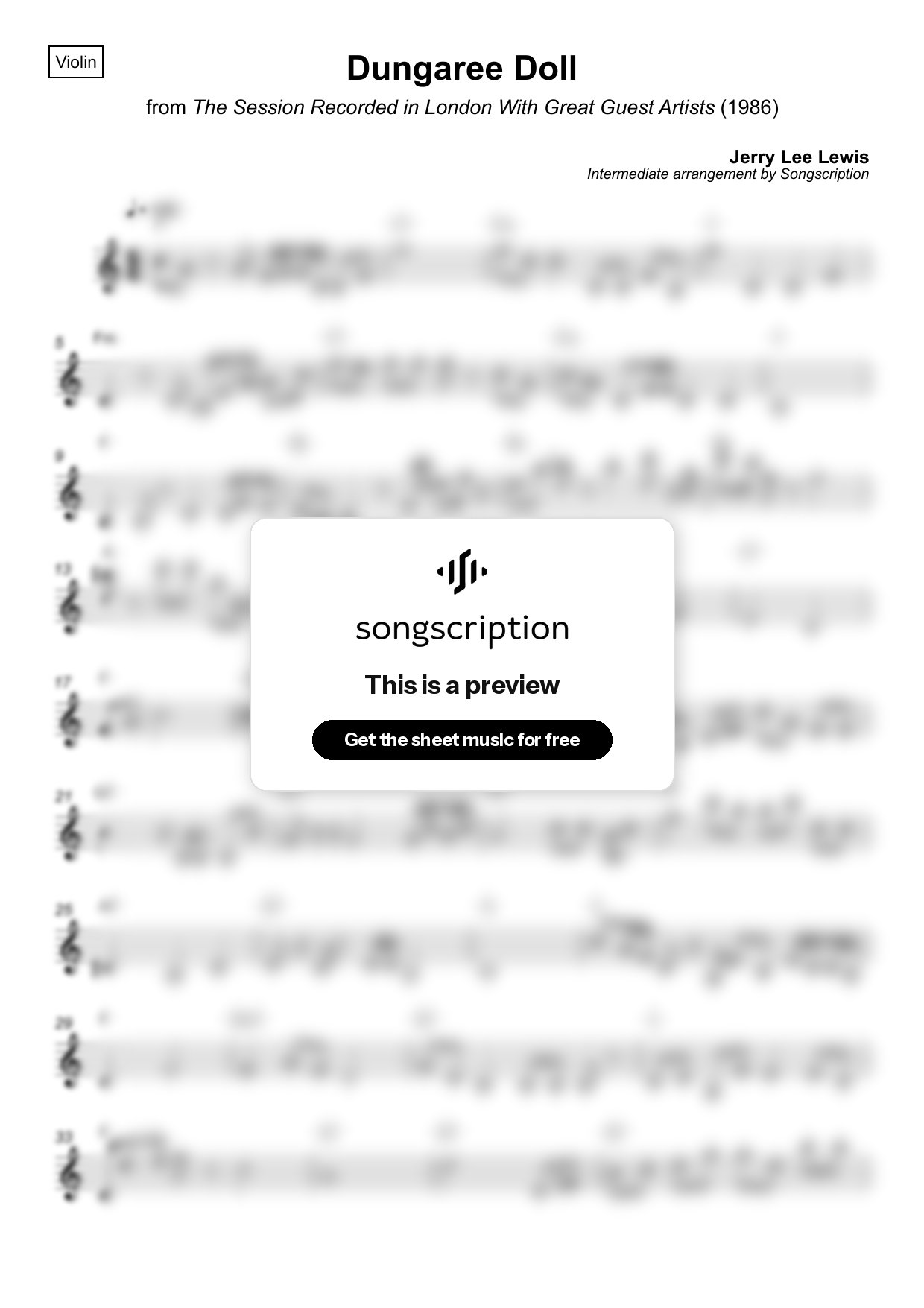 Intermediate Violin Sheet Music for "Dungaree Doll" by Jerry Lee Lewis