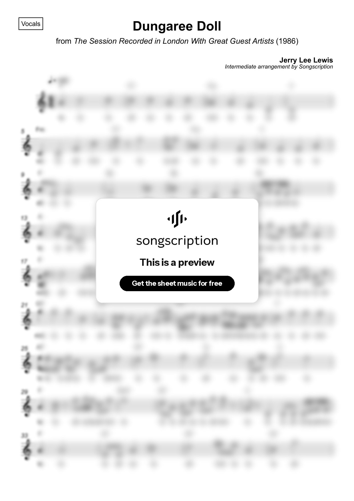 Intermediate Vocals Sheet Music for "Dungaree Doll" by Jerry Lee Lewis