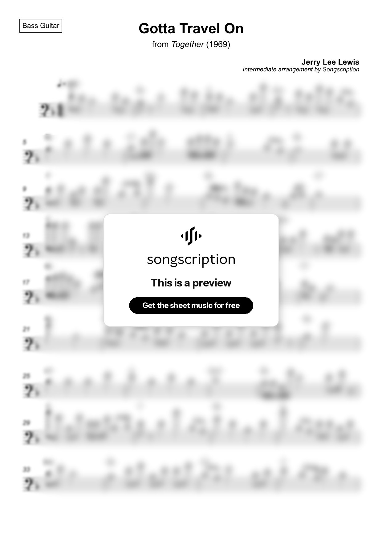 Intermediate Bass Guitar Sheet Music for "Gotta Travel On" by Jerry Lee Lewis