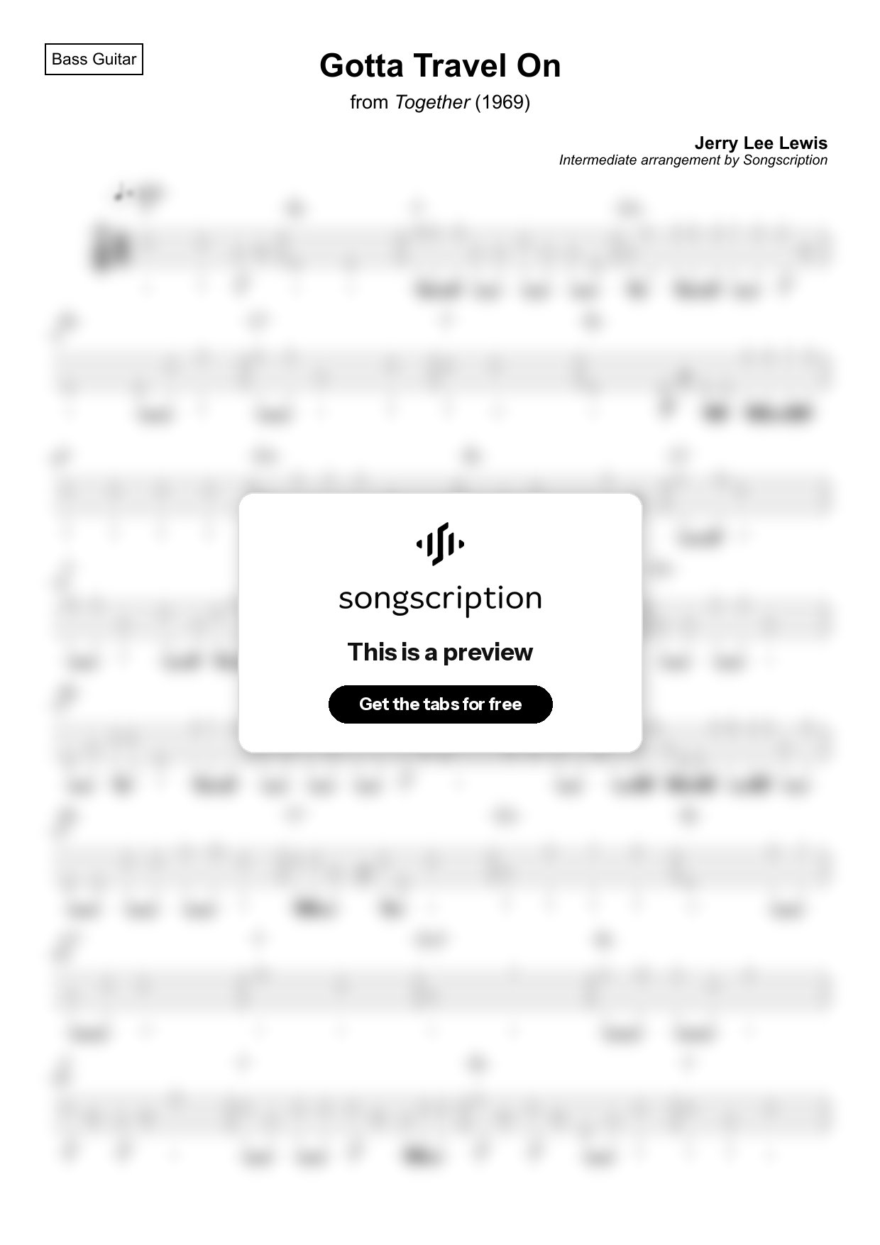 Intermediate Bass Guitar Tabs for "Gotta Travel On" by Jerry Lee Lewis