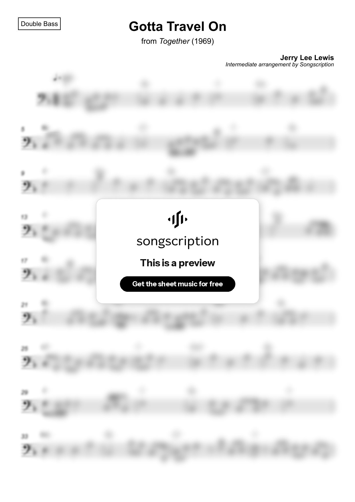 Intermediate Double Bass Sheet Music for "Gotta Travel On" by Jerry Lee Lewis