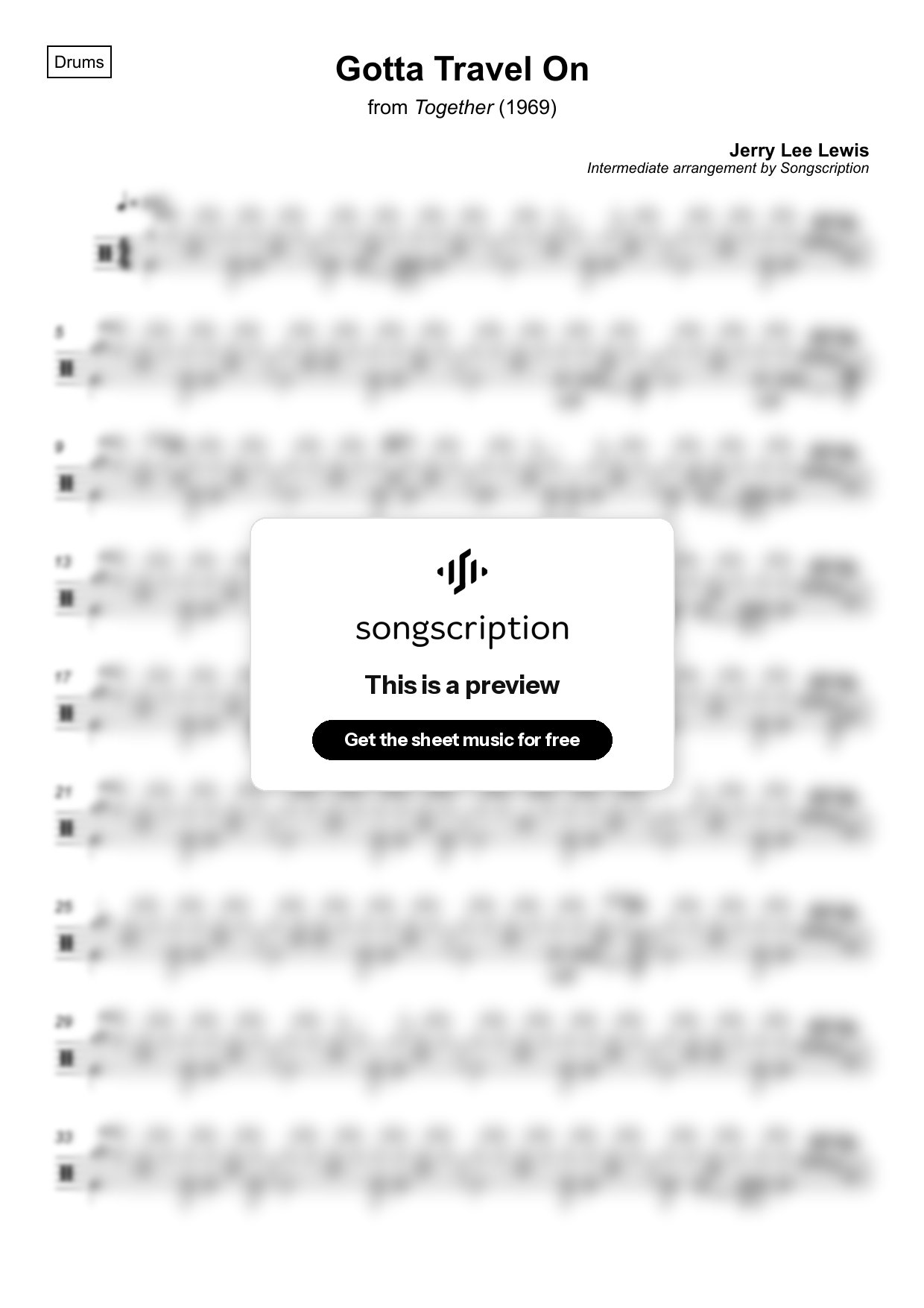 Intermediate Drums Sheet Music for "Gotta Travel On" by Jerry Lee Lewis