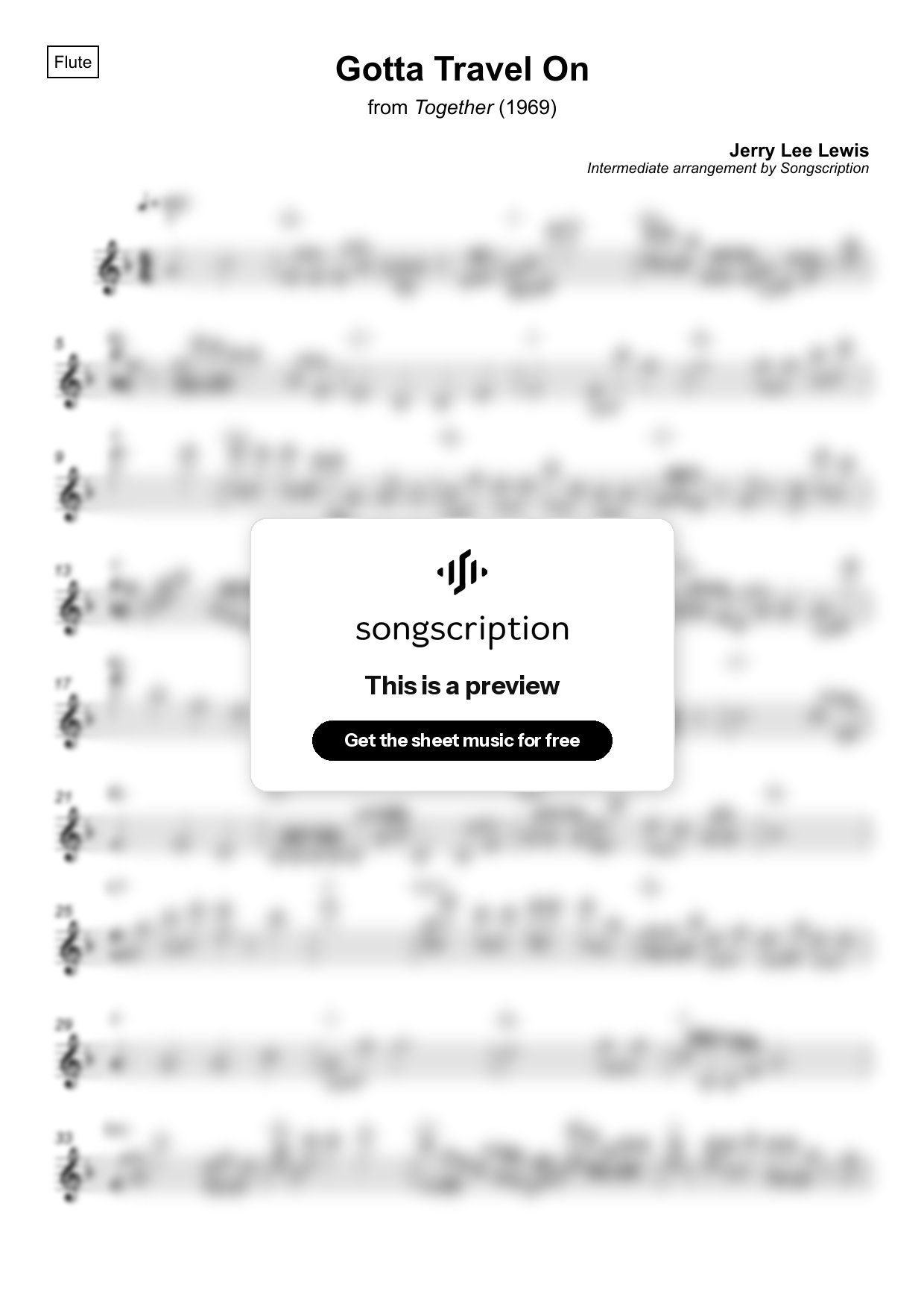Intermediate Flute Sheet Music for "Gotta Travel On" by Jerry Lee Lewis