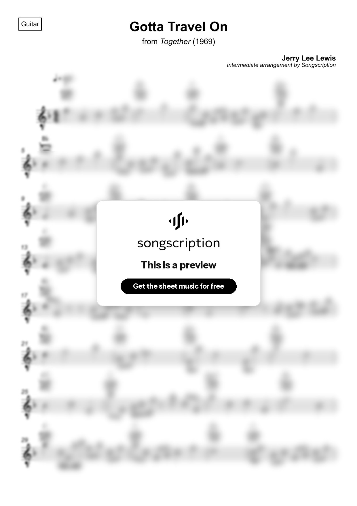 Intermediate Acoustic Guitar Sheet Music for "Gotta Travel On" by Jerry Lee Lewis