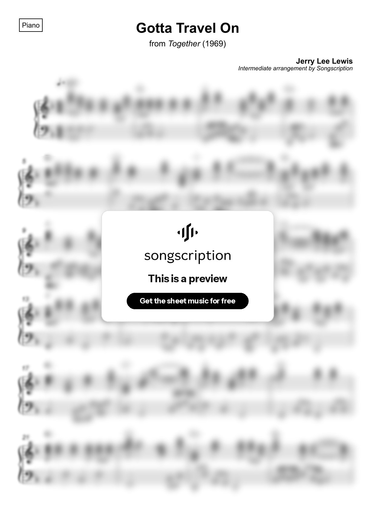 Intermediate Piano Sheet Music for "Gotta Travel On" by Jerry Lee Lewis