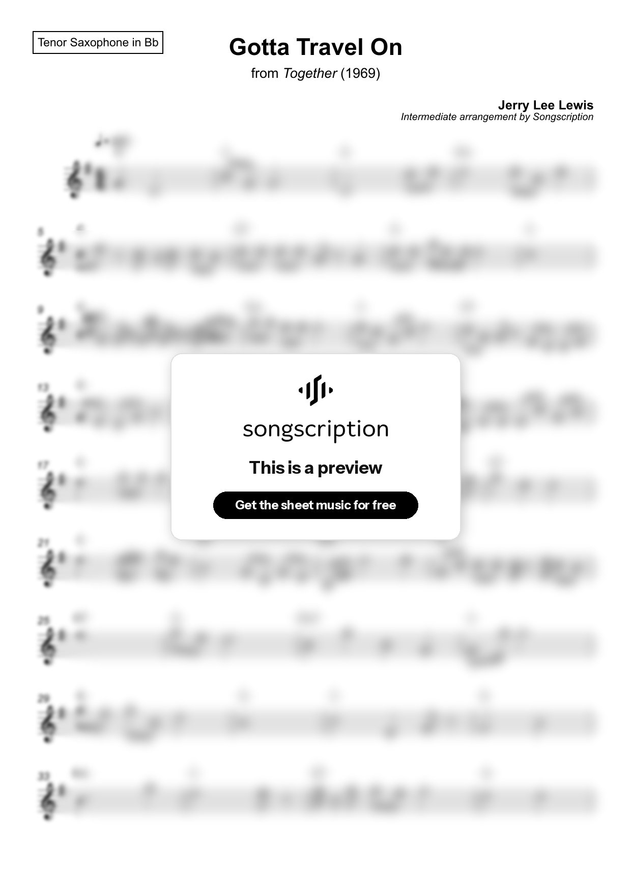 Intermediate Tenor Sax Sheet Music for "Gotta Travel On" by Jerry Lee Lewis