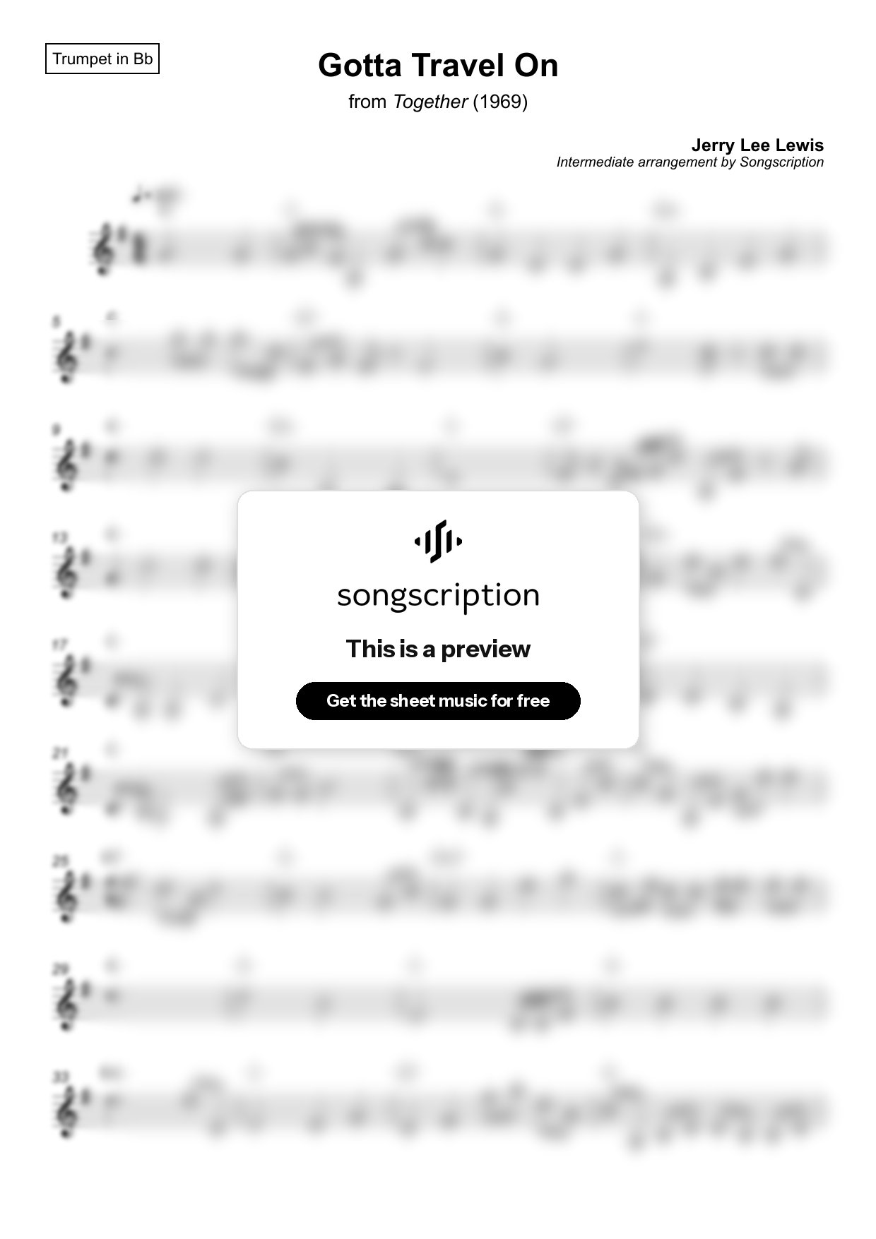 Intermediate Trumpet Sheet Music for "Gotta Travel On" by Jerry Lee Lewis