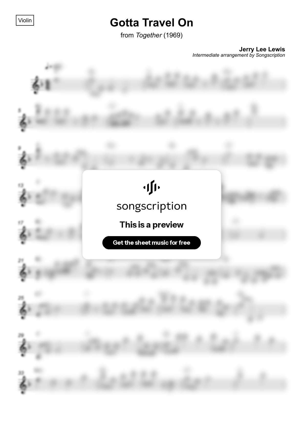 Intermediate Violin Sheet Music for "Gotta Travel On" by Jerry Lee Lewis