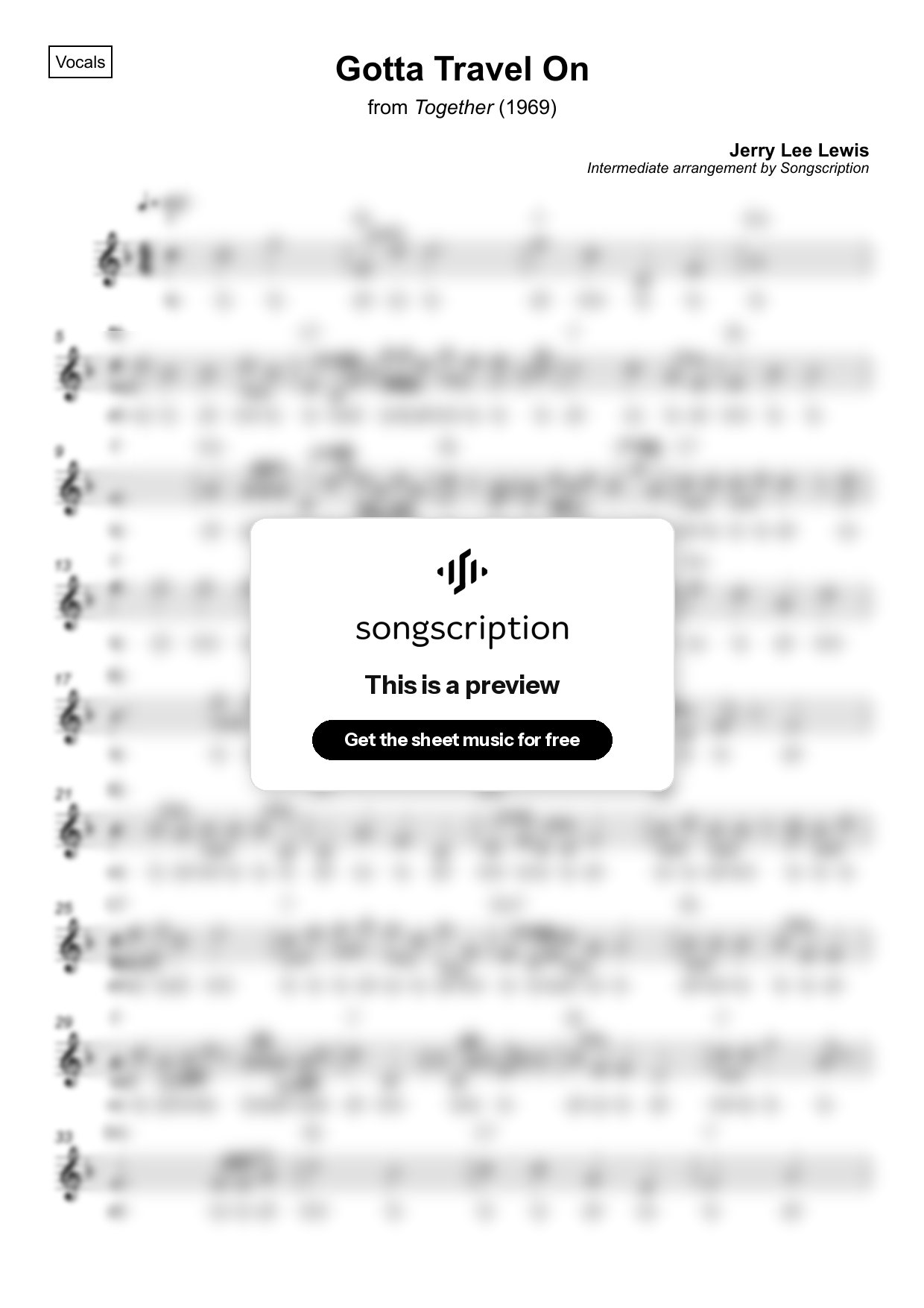 Intermediate Vocals Sheet Music for "Gotta Travel On" by Jerry Lee Lewis
