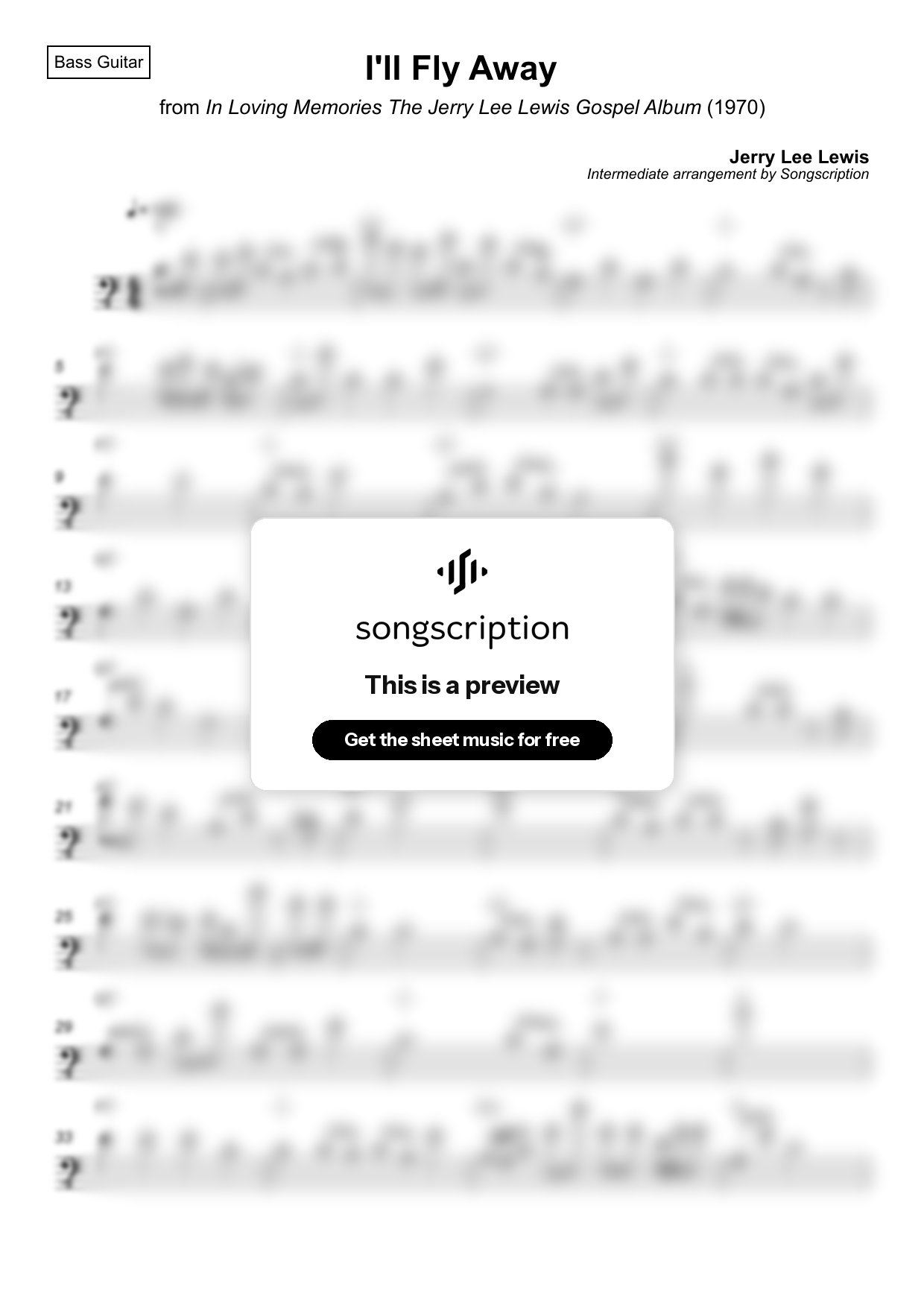 Intermediate Bass Guitar Sheet Music for "I'll Fly Away" by Jerry Lee Lewis