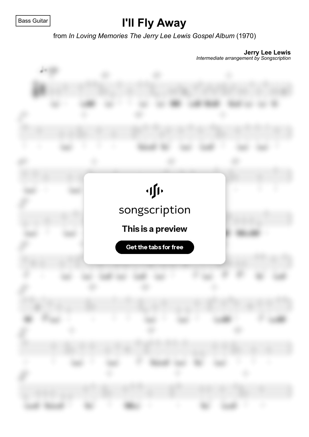 Intermediate Bass Guitar Tabs for "I'll Fly Away" by Jerry Lee Lewis