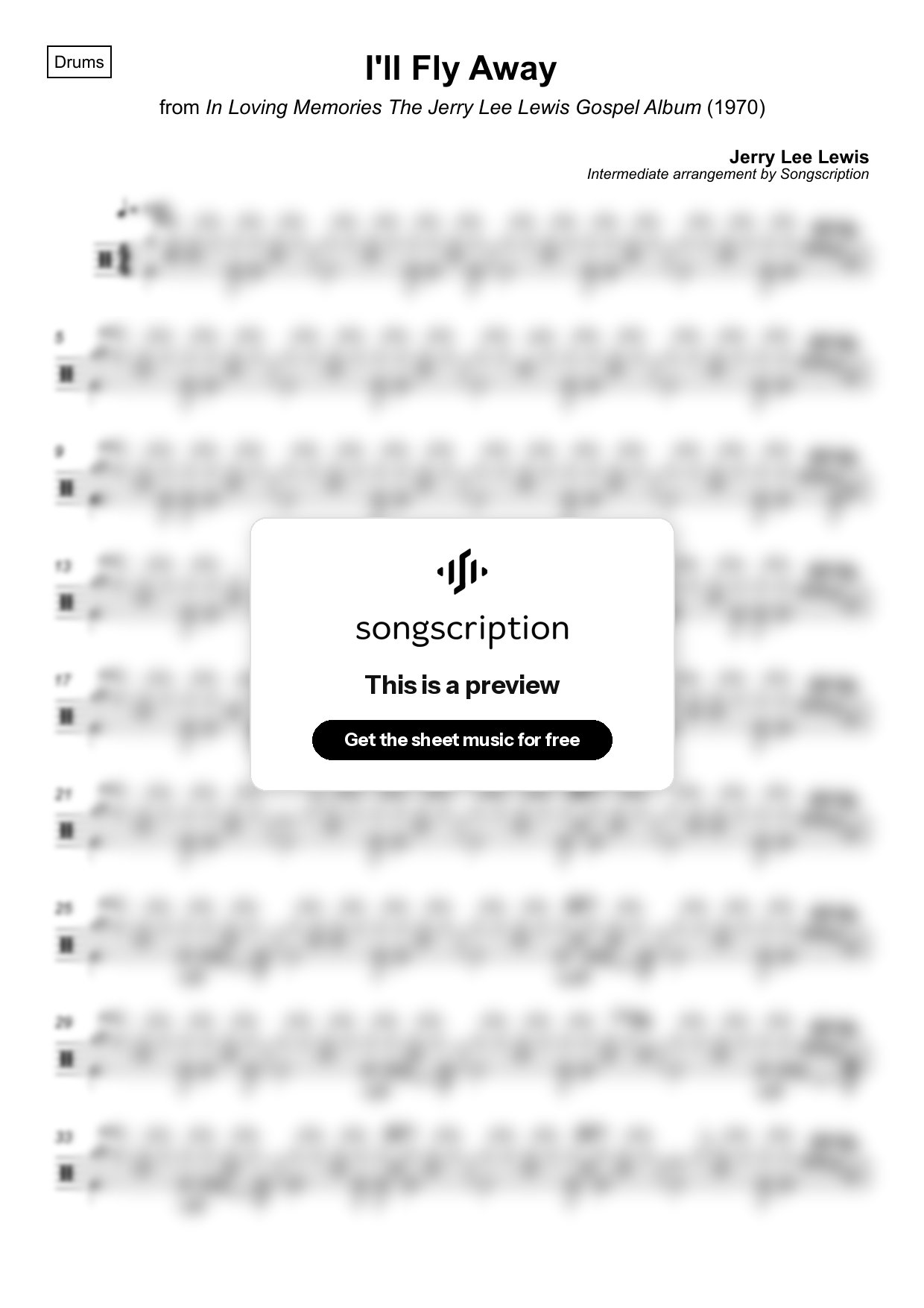 Intermediate Drums Sheet Music for "I'll Fly Away" by Jerry Lee Lewis