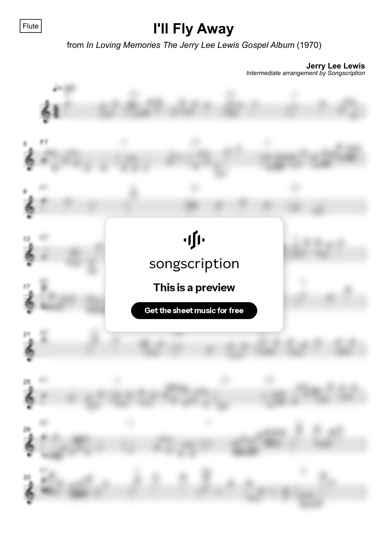 Intermediate Flute Sheet Music for "I'll Fly Away" by Jerry Lee Lewis