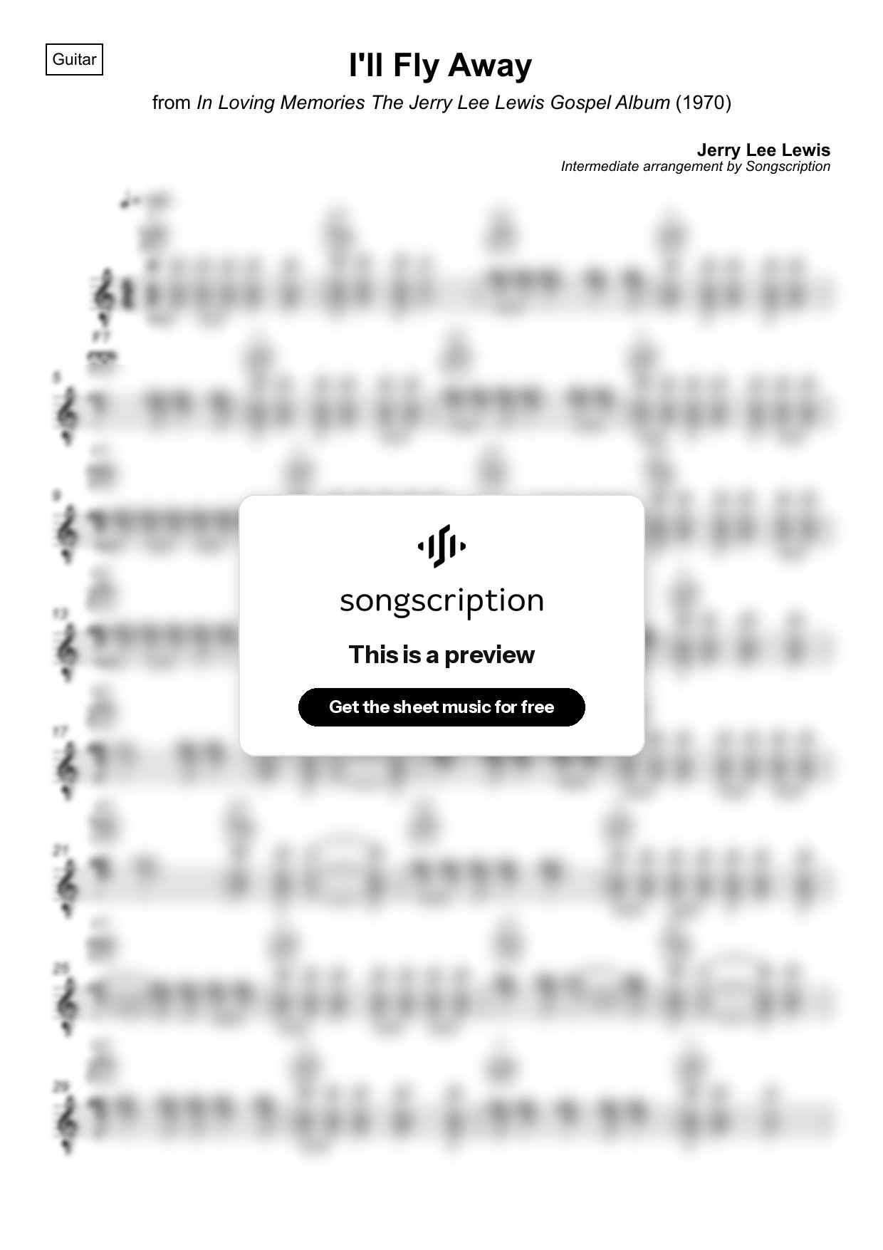 Intermediate Acoustic Guitar Sheet Music for "I'll Fly Away" by Jerry Lee Lewis