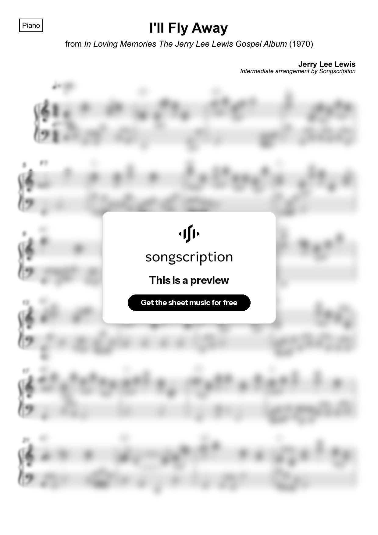 Intermediate Piano Sheet Music for "I'll Fly Away" by Jerry Lee Lewis