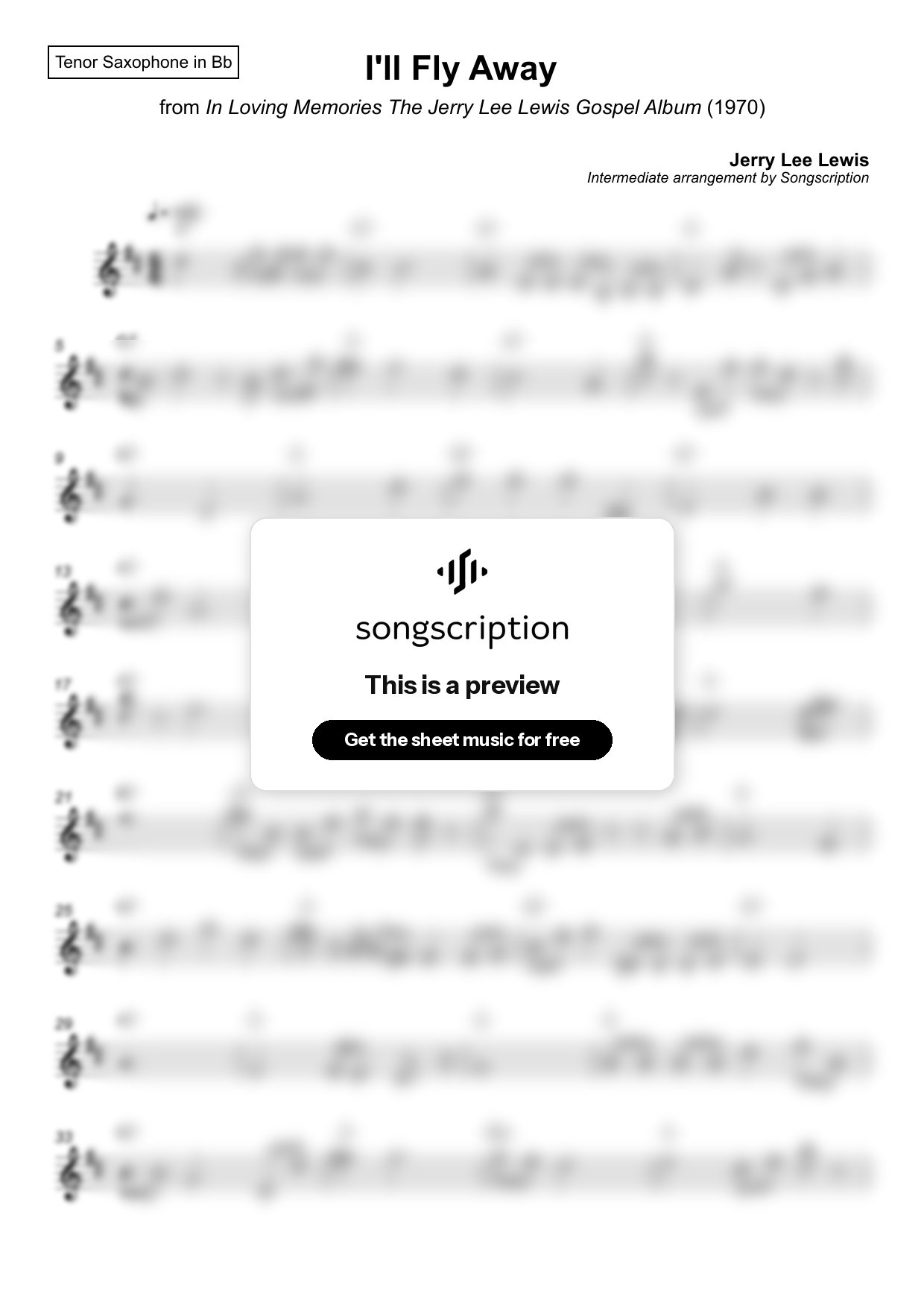 Intermediate Tenor Sax Sheet Music for "I'll Fly Away" by Jerry Lee Lewis