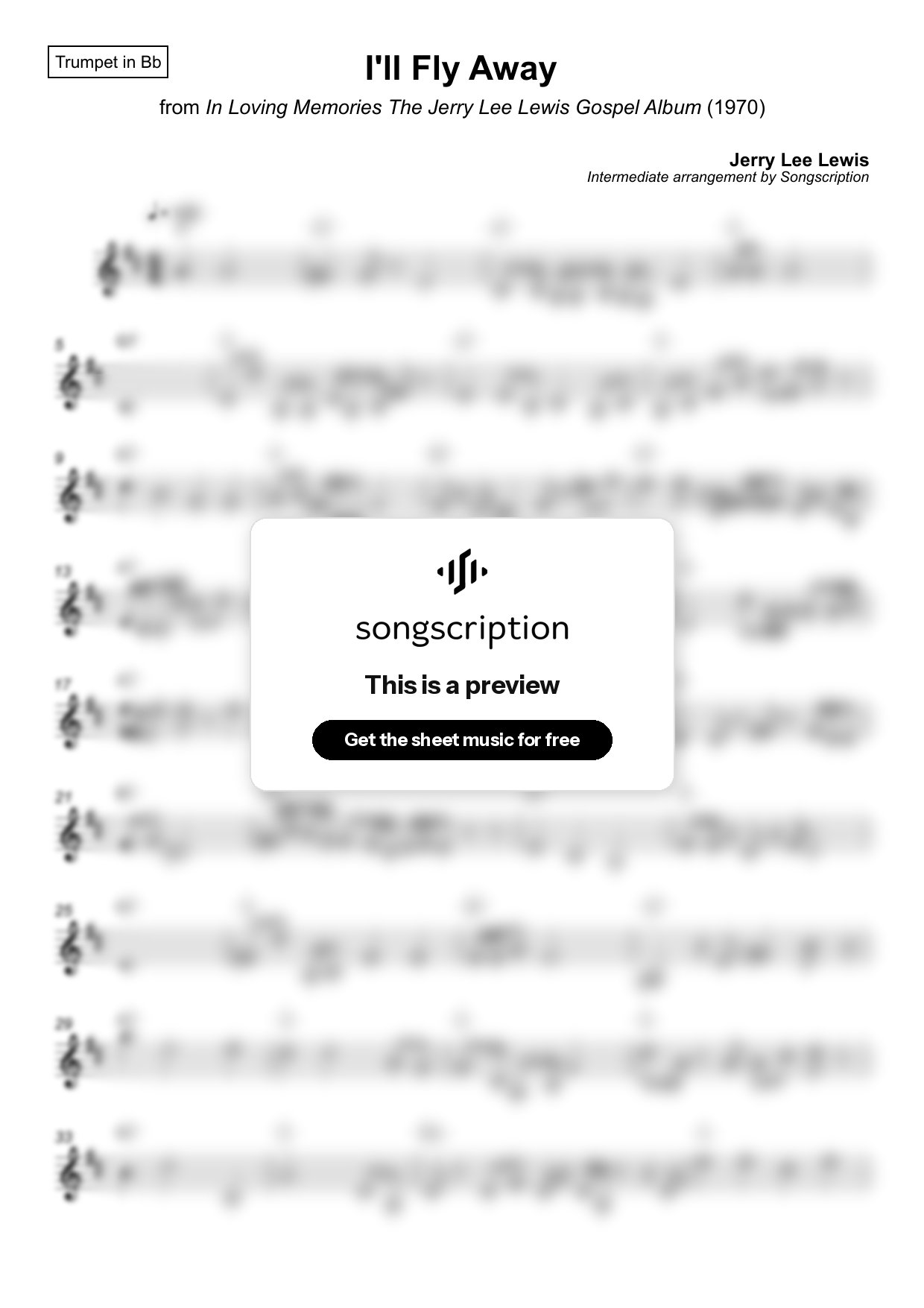 Intermediate Trumpet Sheet Music for "I'll Fly Away" by Jerry Lee Lewis