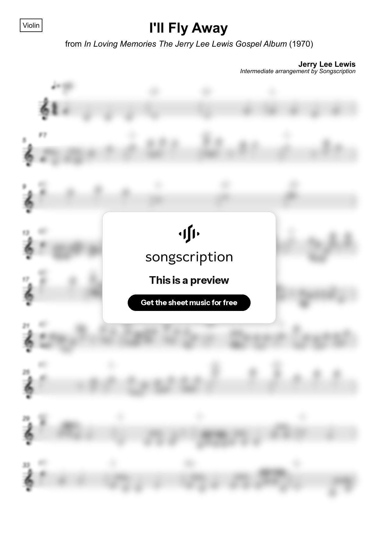 Intermediate Violin Sheet Music for "I'll Fly Away" by Jerry Lee Lewis