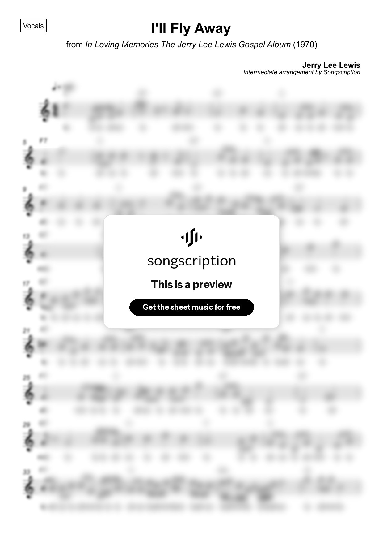 Intermediate Vocals Sheet Music for "I'll Fly Away" by Jerry Lee Lewis