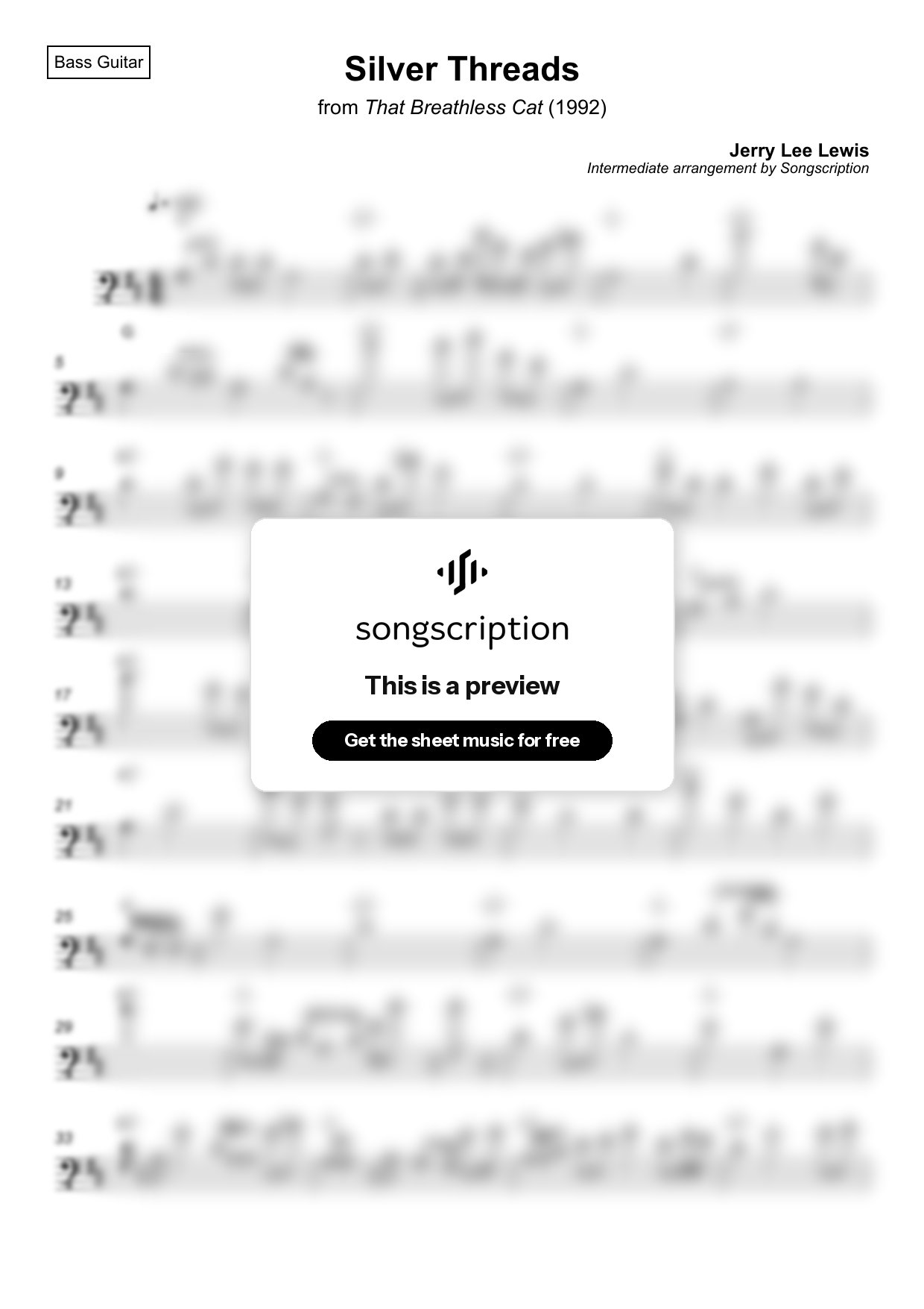 Intermediate Bass Guitar Sheet Music for "Silver Threads" by Jerry Lee Lewis