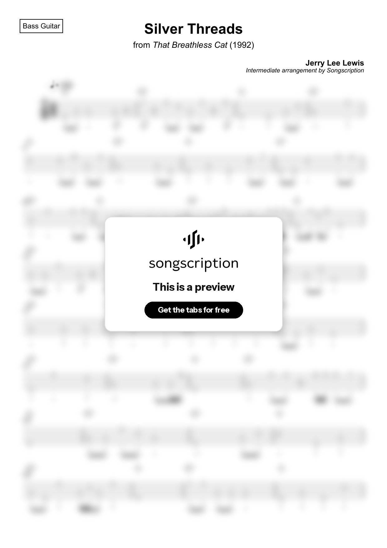 Intermediate Bass Guitar Tabs for "Silver Threads" by Jerry Lee Lewis