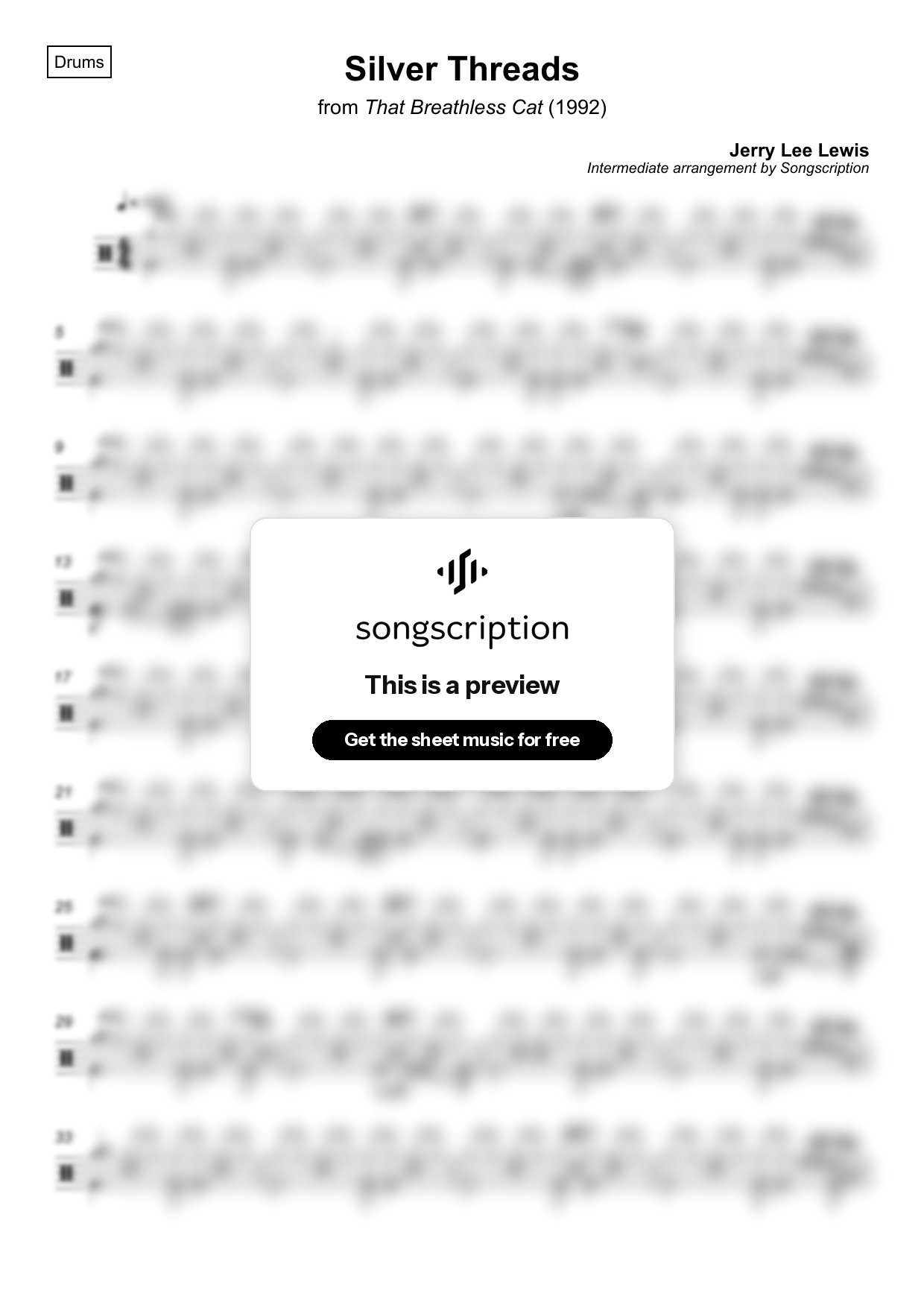 Intermediate Drums Sheet Music for "Silver Threads" by Jerry Lee Lewis