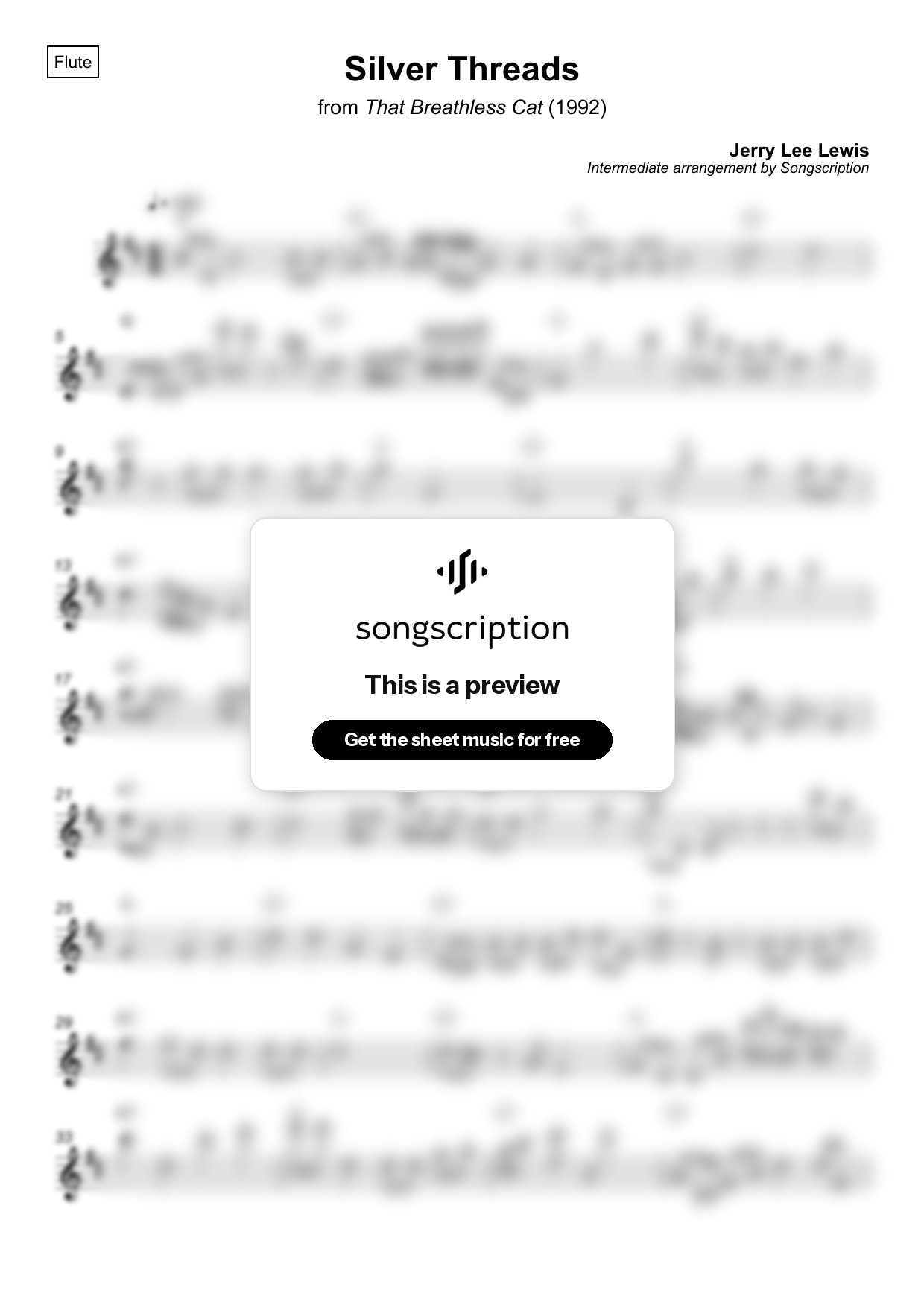 Intermediate Flute Sheet Music for "Silver Threads" by Jerry Lee Lewis