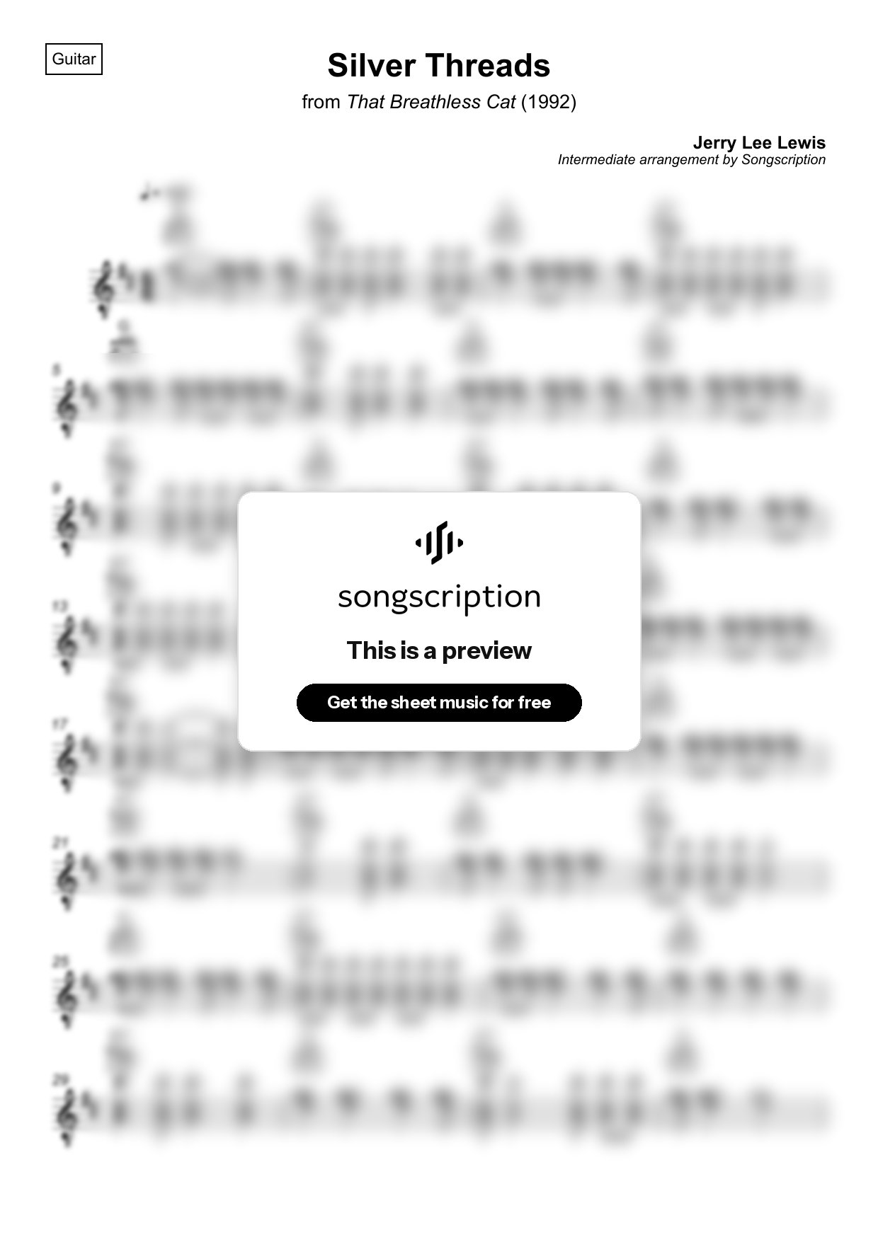 Intermediate Acoustic Guitar Sheet Music for "Silver Threads" by Jerry Lee Lewis