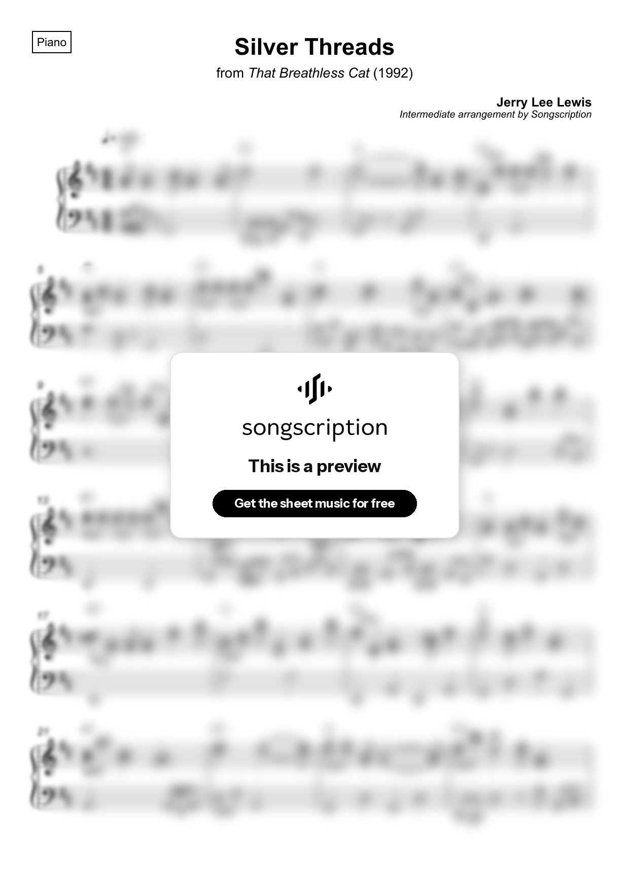 Intermediate Piano Sheet Music for "Silver Threads" by Jerry Lee Lewis