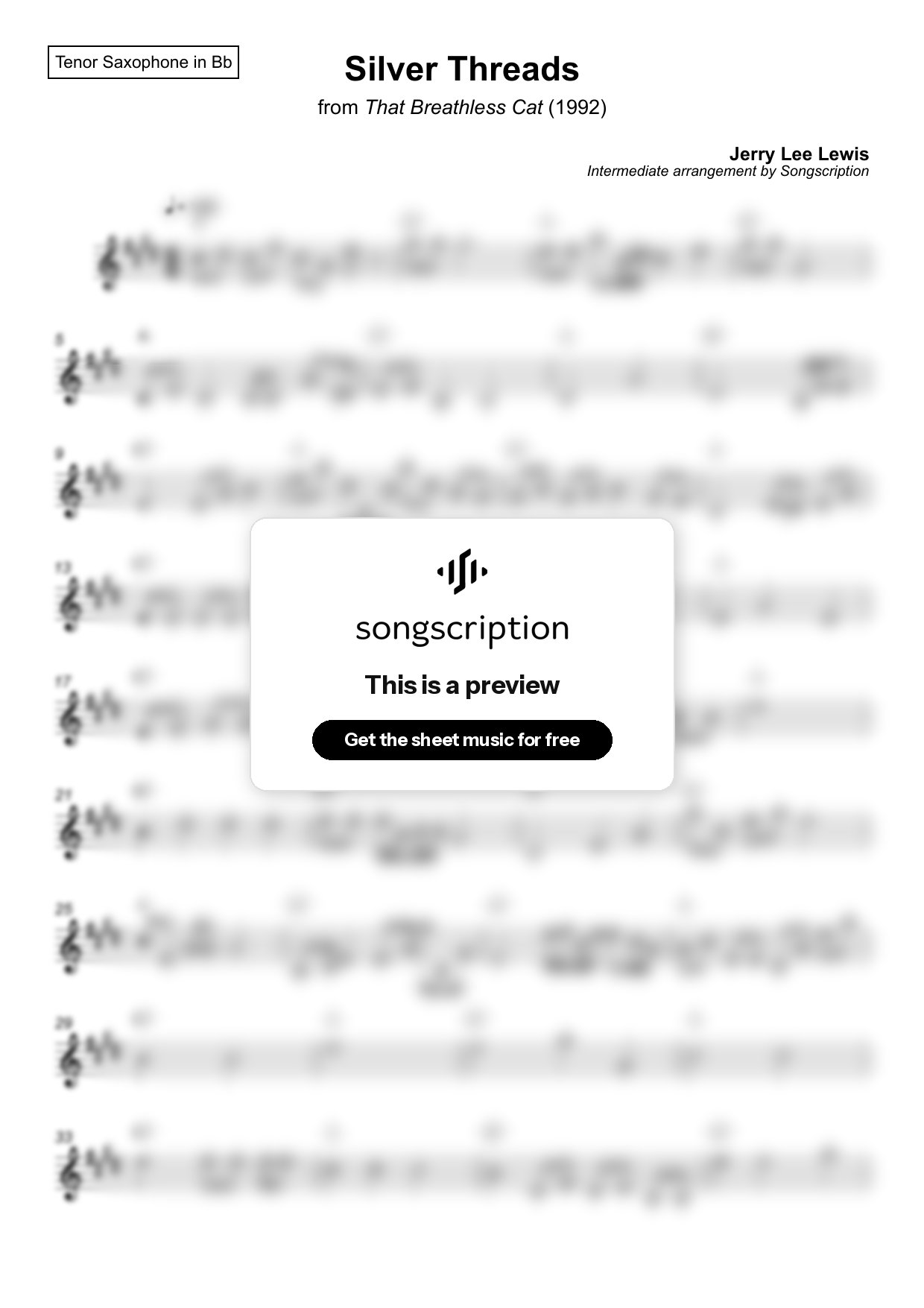 Intermediate Tenor Sax Sheet Music for "Silver Threads" by Jerry Lee Lewis