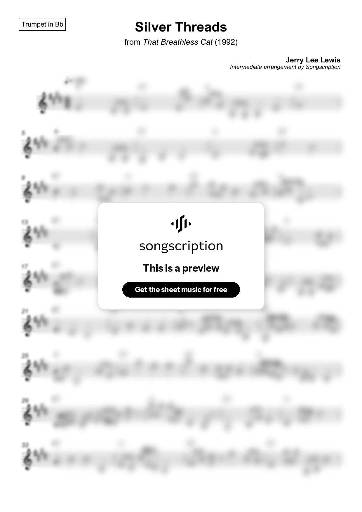 Intermediate Trumpet Sheet Music for "Silver Threads" by Jerry Lee Lewis