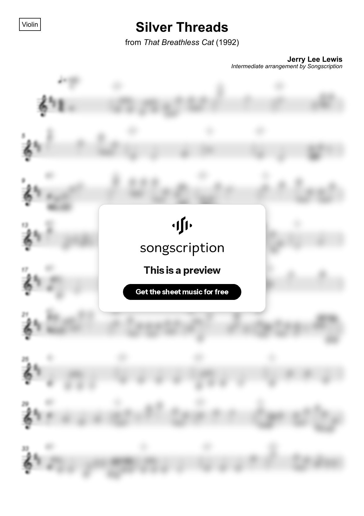 Intermediate Violin Sheet Music for "Silver Threads" by Jerry Lee Lewis